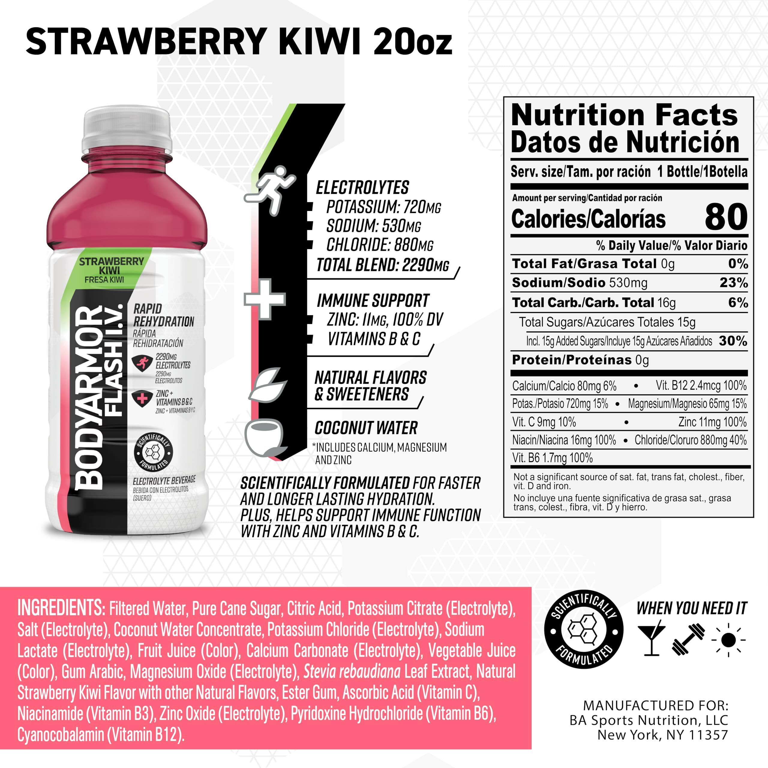 Bodyarmor Flash I.V. Electrolyte Beverage, Strawberry Kiwi, 20 Fl Oz (Pack Of 12)