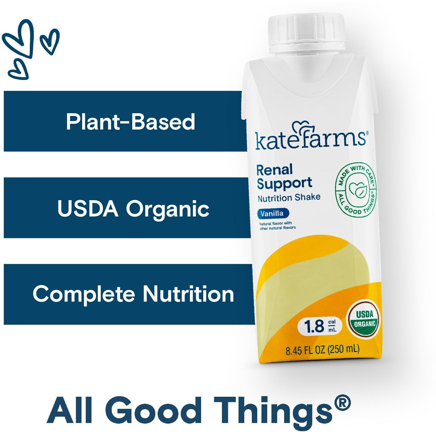 Kate Farms Organic 1.8 Renal Support Shake, Vanilla, 20G Protein, 27 Vitamins And Minerals, Specialized Dialysis Nutrition Support, 8.45 Oz (12 Pack)