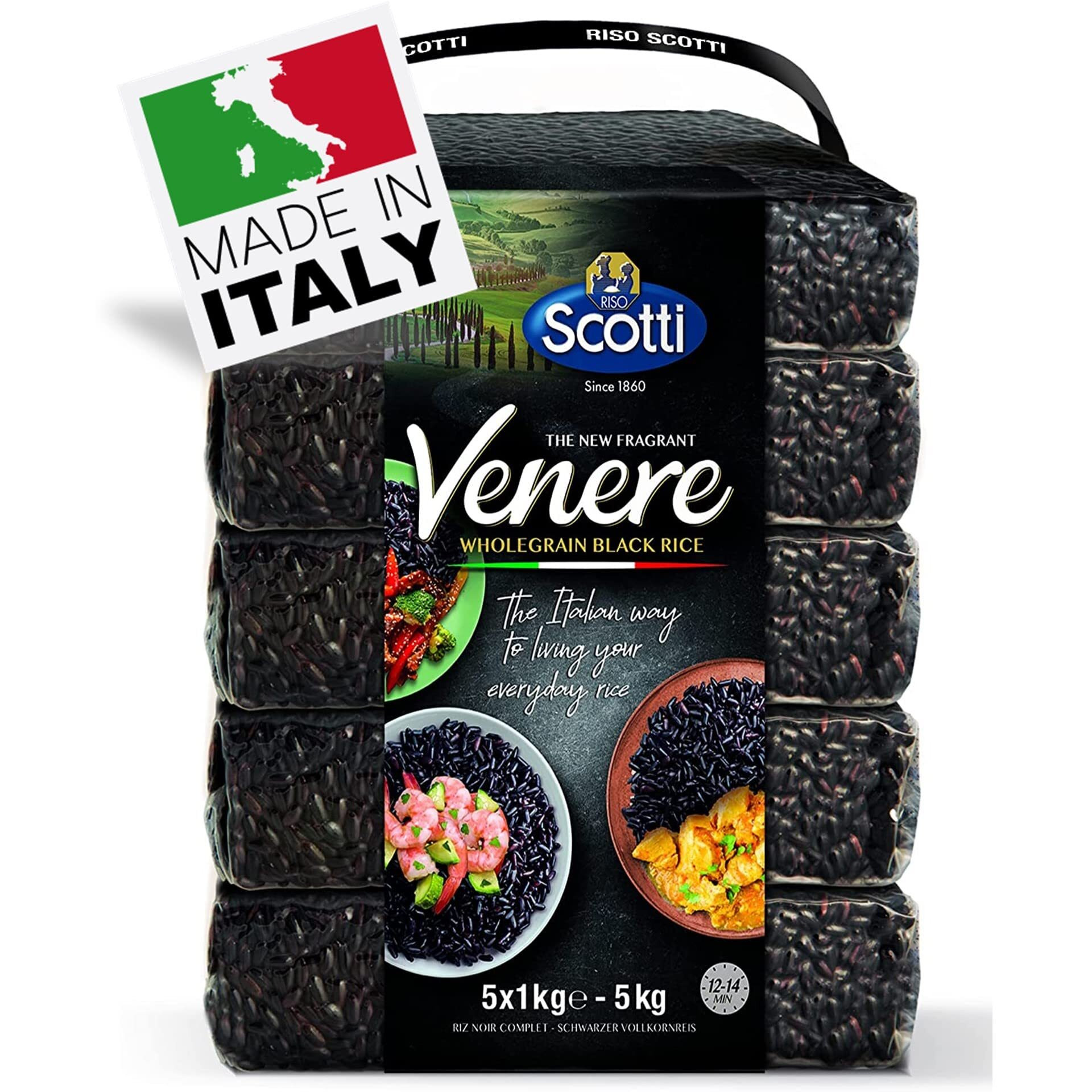 Black Grain Rice, Bulk 11 Lbs (5 X 1 Kg), Product Of Italy, Riso Scotti, Venere, Premium Quality, Wild Ancient Whole Grain Rice, Riso, Product Of Italy
