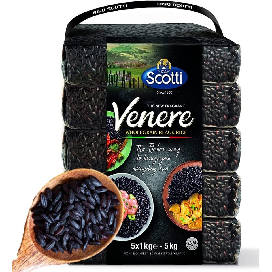 Black Grain Rice, Bulk 11 Lbs (5 X 1 Kg), Product Of Italy, Riso Scotti, Venere, Premium Quality, Wild Ancient Whole Grain Rice, Riso, Product Of Italy