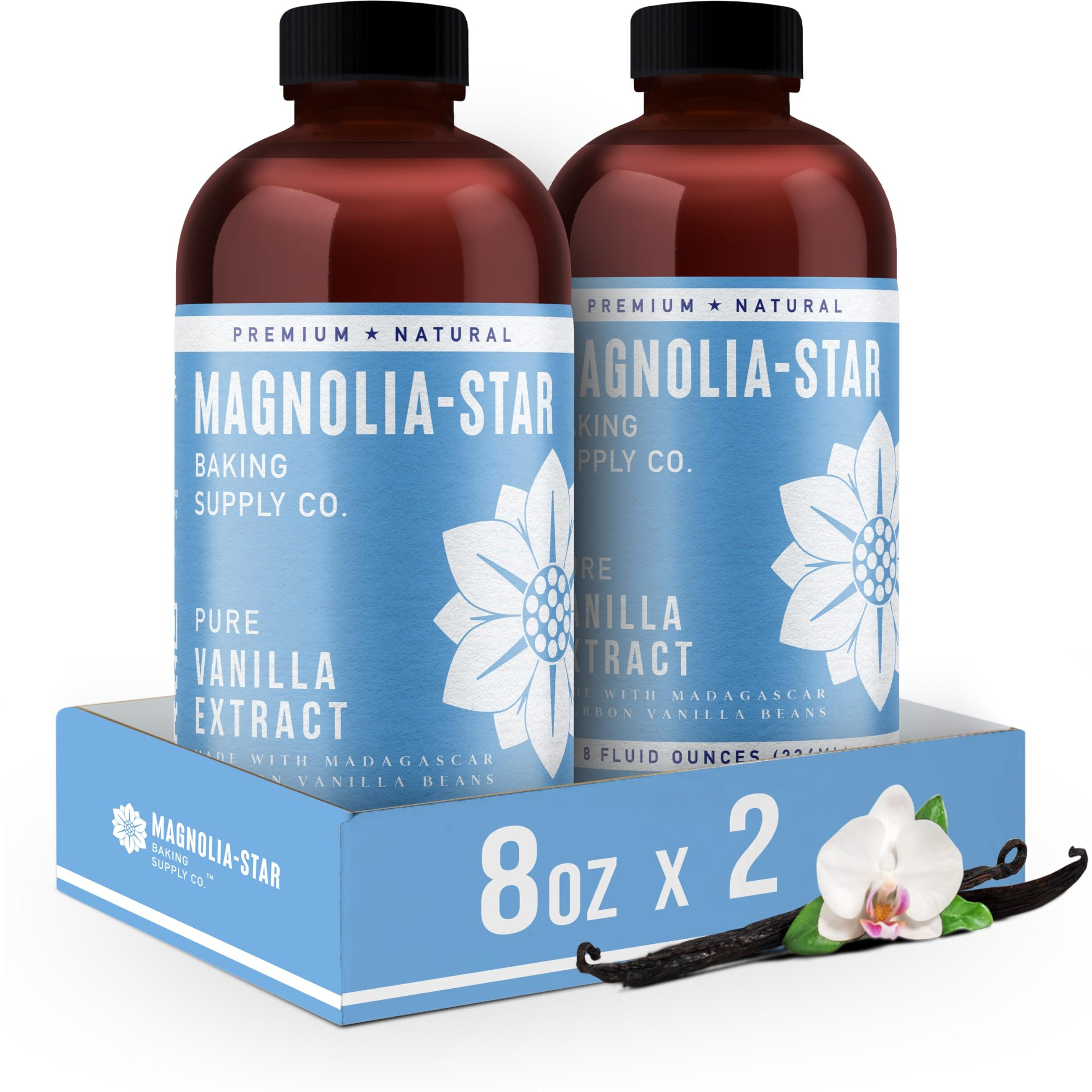 Magnolia-Star Pure Vanilla Extract, 16 Oz., Made From Hand-Selected Madagascar Bourbon Vanilla Beans, Non-Gmo And Gluten-Free Baking Vanilla (8Oz. Bottles, 2 Ct)