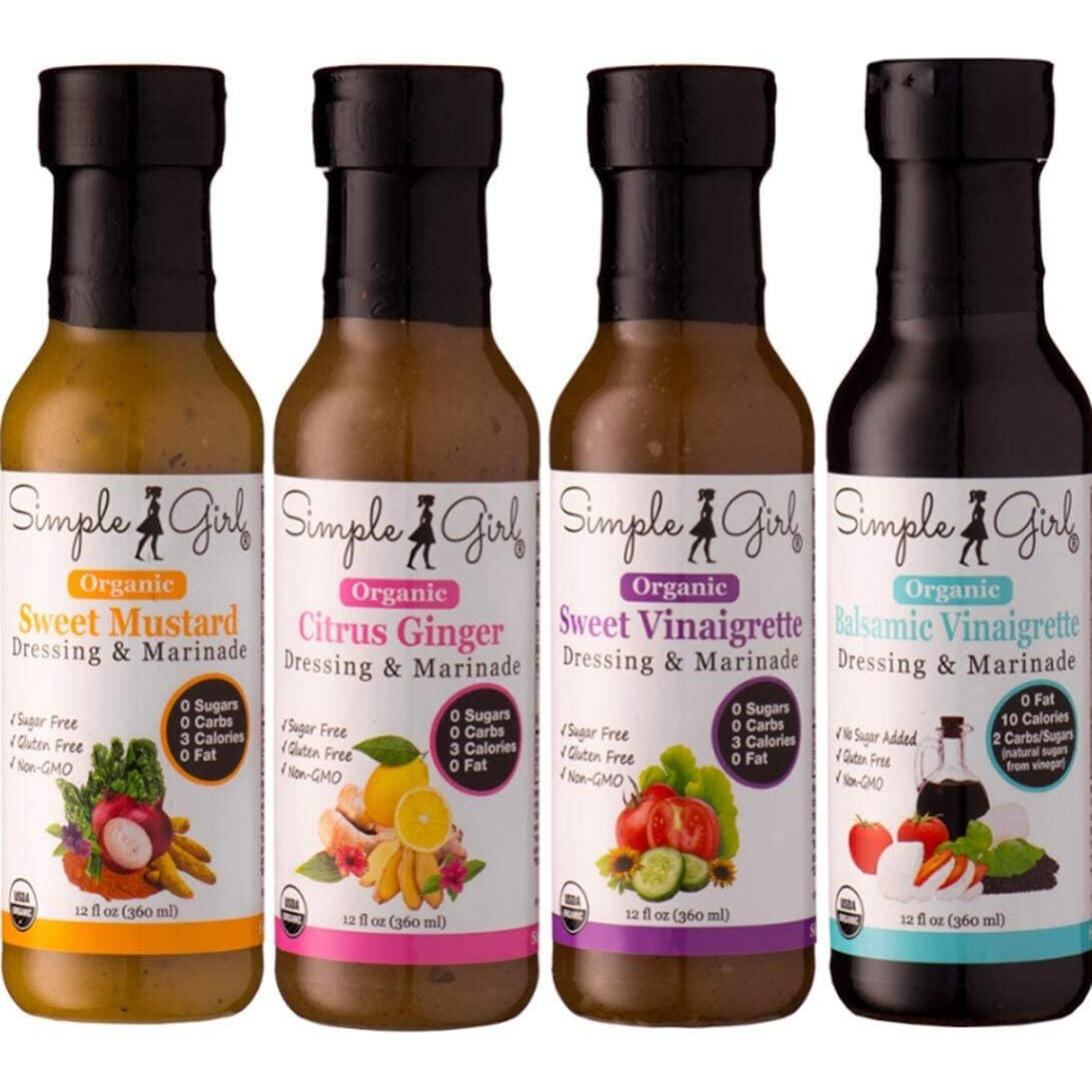 Simple Girl Organic Salad Dressing Variety - Sweet Vinaigrette, Balsamic Vinaigrette, Sweet Mustard And Citrus Ginger - Sugar Free Dressings, No Carb, Fat Free, Diabetic, Gluten Free, Vegan, Paleo, And Keto Friendly - 4 Pack (12 Fl Ounce Each)