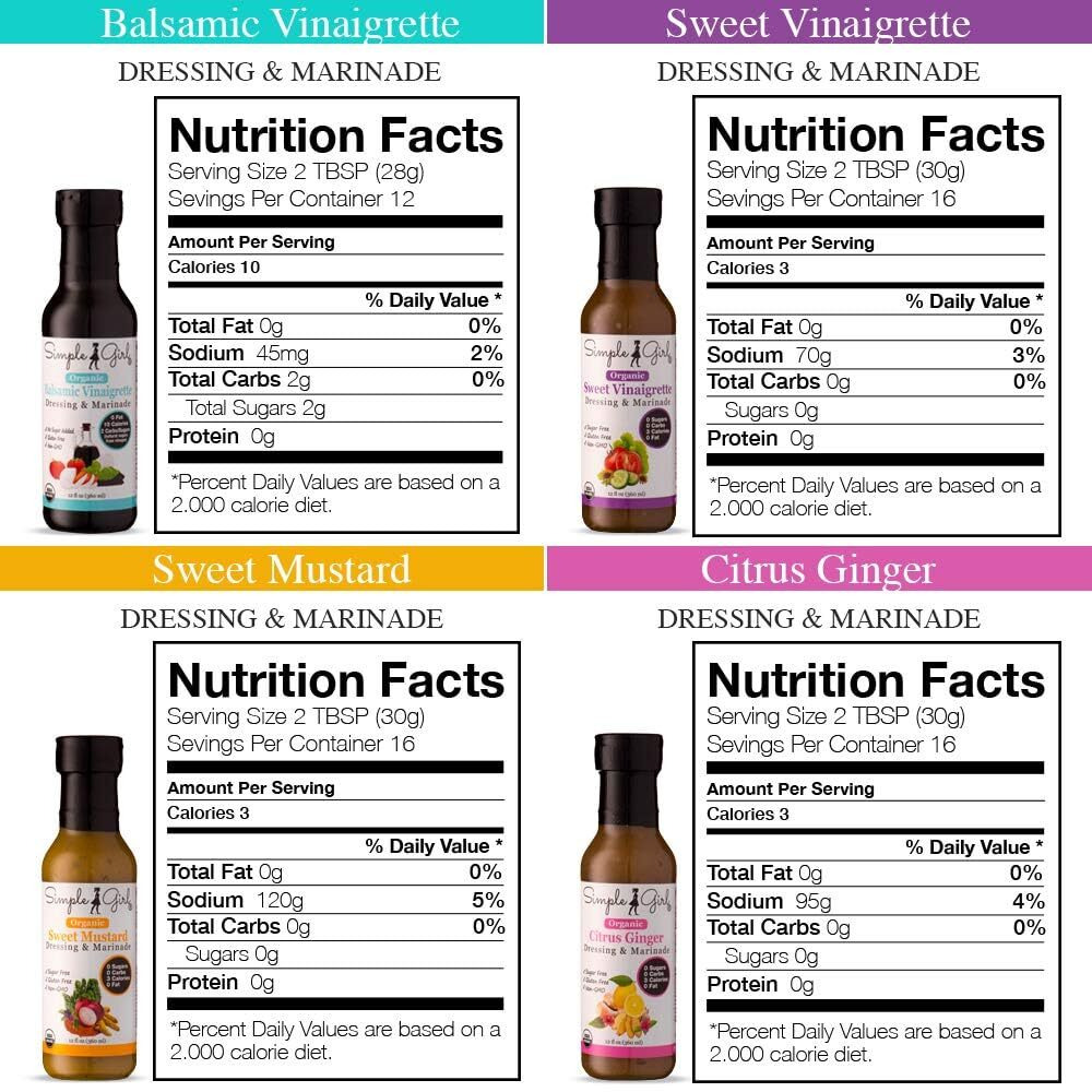 Simple Girl Organic Salad Dressing Variety - Sweet Vinaigrette, Balsamic Vinaigrette, Sweet Mustard And Citrus Ginger - Sugar Free Dressings, No Carb, Fat Free, Diabetic, Gluten Free, Vegan, Paleo, And Keto Friendly - 4 Pack (12 Fl Ounce Each)