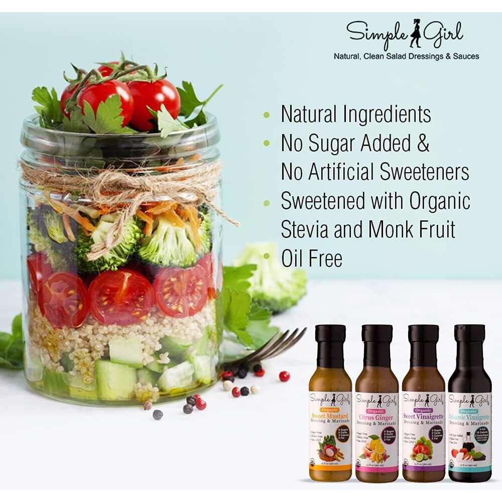 Simple Girl Organic Salad Dressing Variety - Sweet Vinaigrette, Balsamic Vinaigrette, Sweet Mustard And Citrus Ginger - Sugar Free Dressings, No Carb, Fat Free, Diabetic, Gluten Free, Vegan, Paleo, And Keto Friendly - 4 Pack (12 Fl Ounce Each)