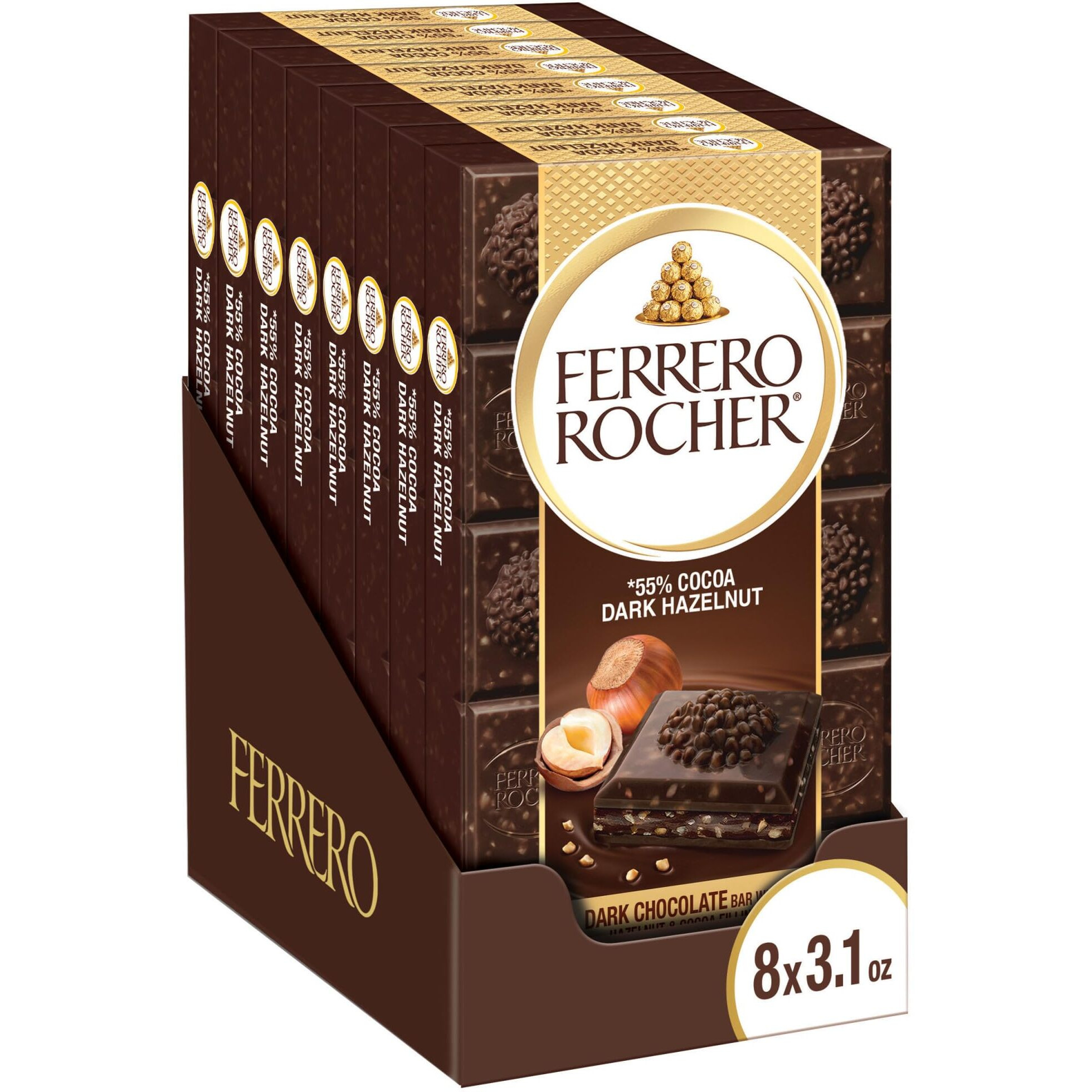 Ferrero Rocher Premium Chocolate Bars, 8 Pack, Dark Chocolate Hazelnut, 3.1 Oz Each