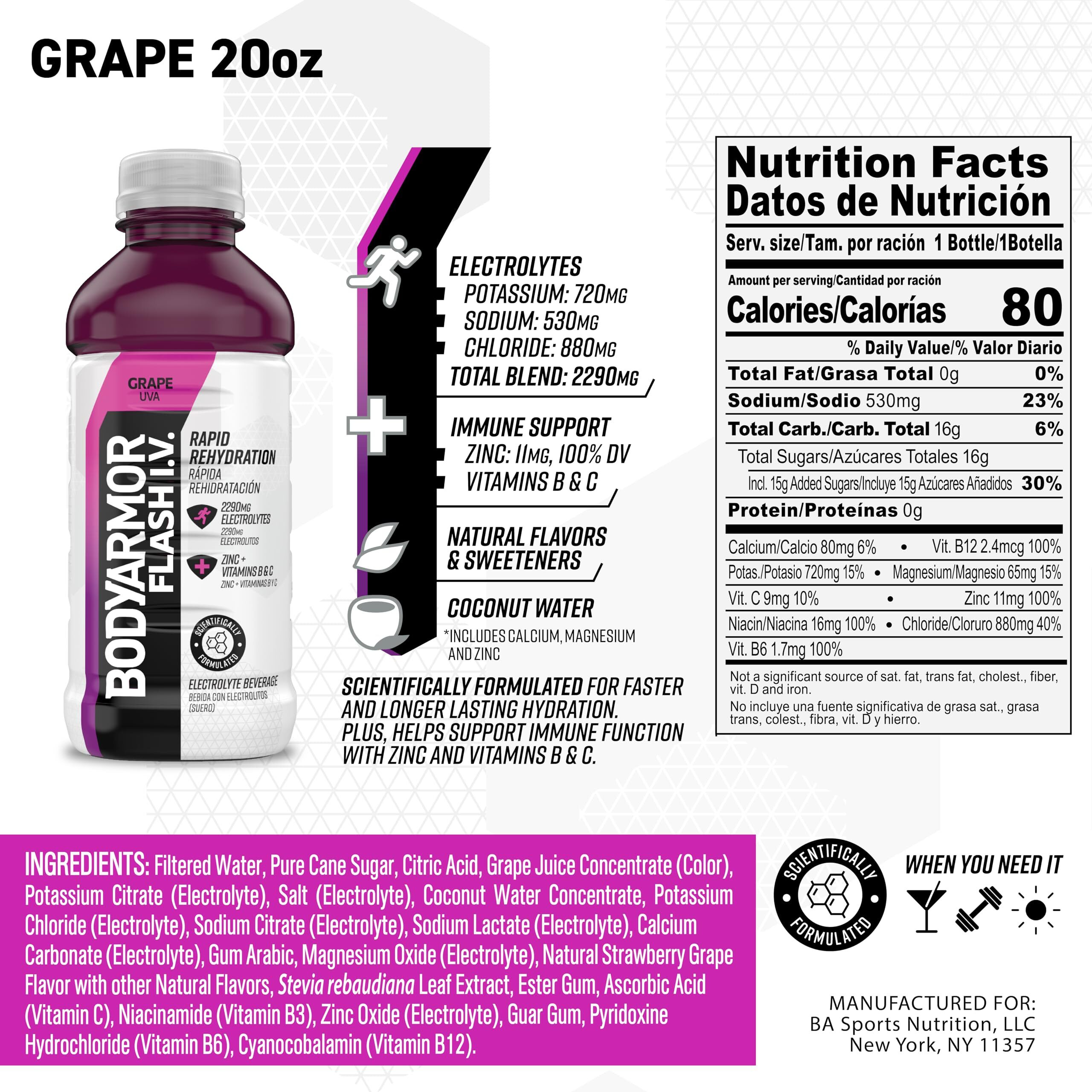 Bodyarmor Flash I.V. Electrolyte Beverage, Grape, 20 Fl Oz (Pack Of 12)