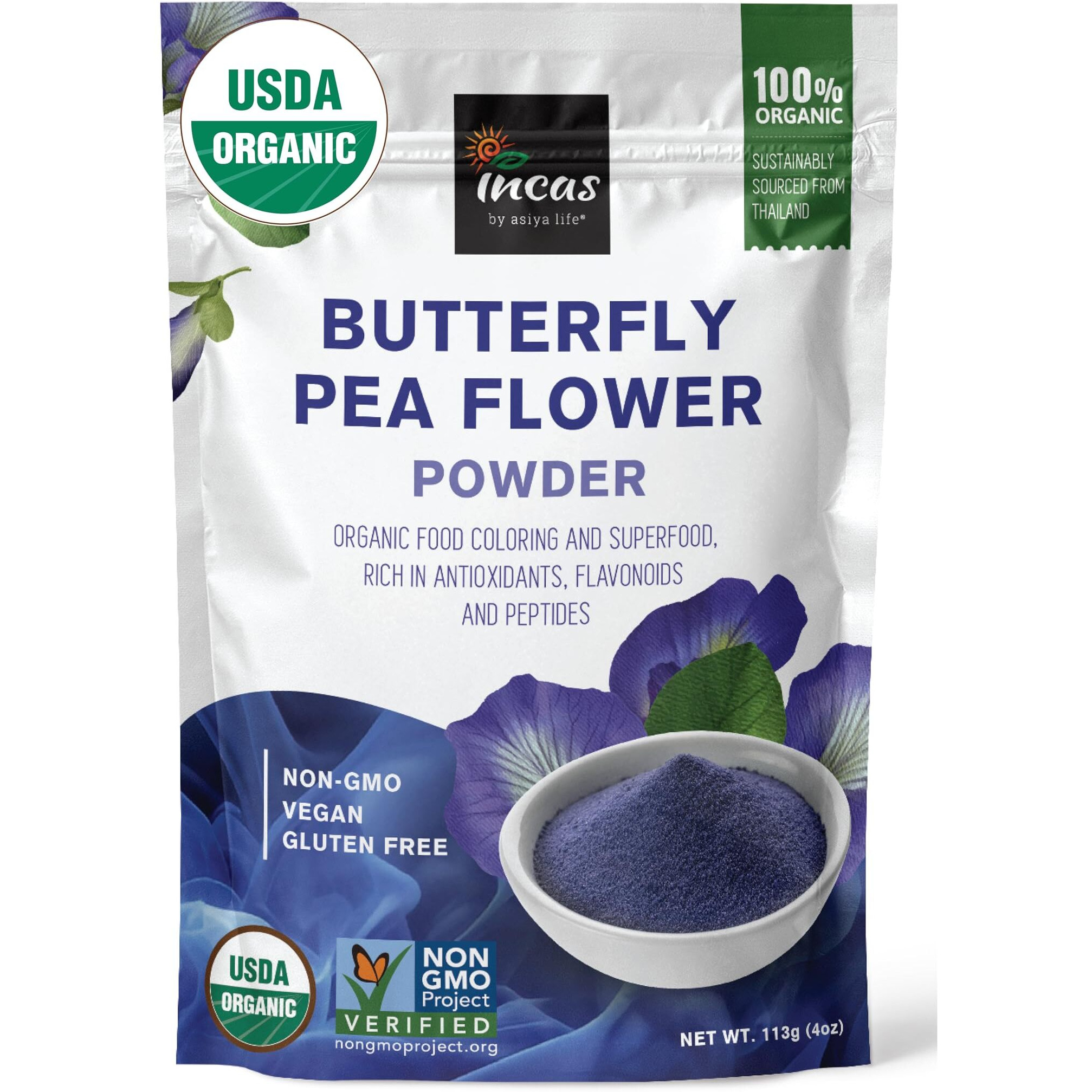 Incas 100% Usda Organic Butterfly Pea Flower Powder (4 Ounce) | Organic Blue Matcha Tea | Non-Gmo Verified Extract From Thailand | Organic Blue Food Coloring | Adaptogenic Raw Culinary | Vegan