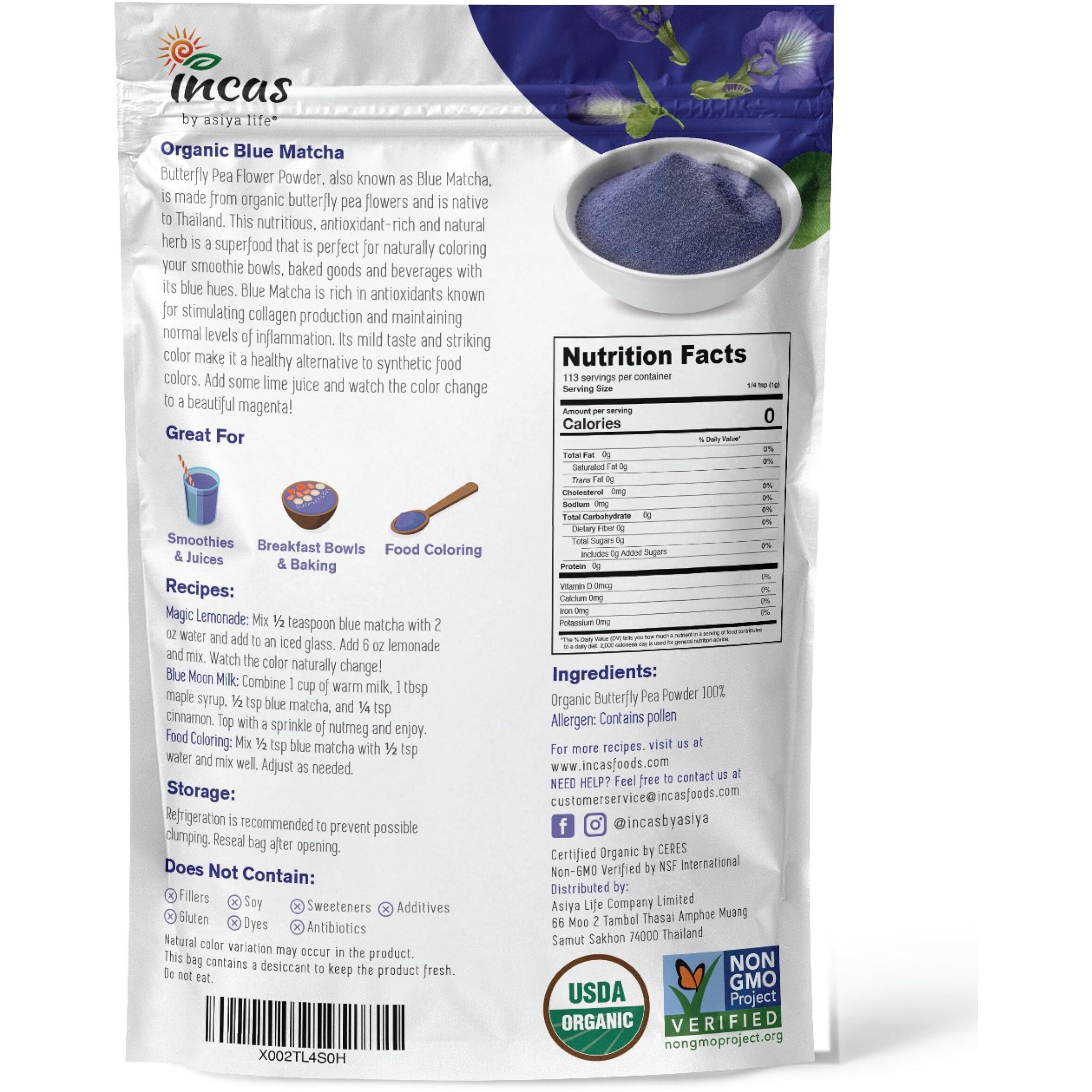 Incas 100% Usda Organic Butterfly Pea Flower Powder (4 Ounce) | Organic Blue Matcha Tea | Non-Gmo Verified Extract From Thailand | Organic Blue Food Coloring | Adaptogenic Raw Culinary | Vegan
