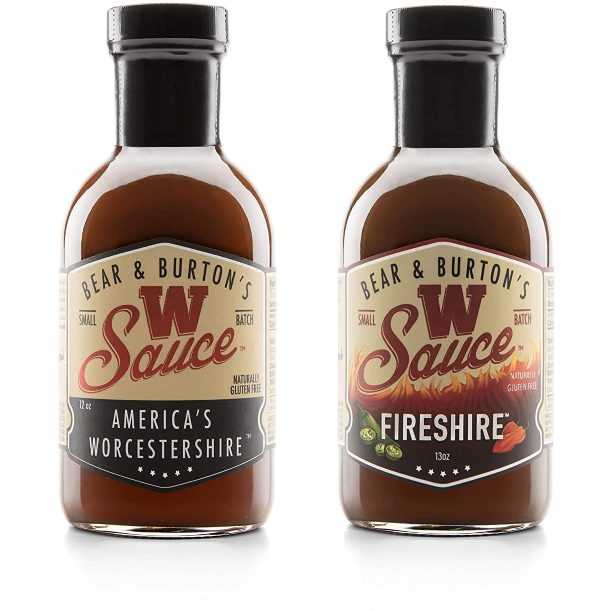 Bear & Burton's W Sauce + Fireshire, Two Pack Fireshire And Original W Sauce, 12 Fl Oz Bear And Burtons W Sauce + Fireshire, Two Pack Fireshire And Original W Sauce | Distinctive Spicy Worcestershire Sauce Blend | Perfect For Steaks, Dressings & Marinades | 12 Oz