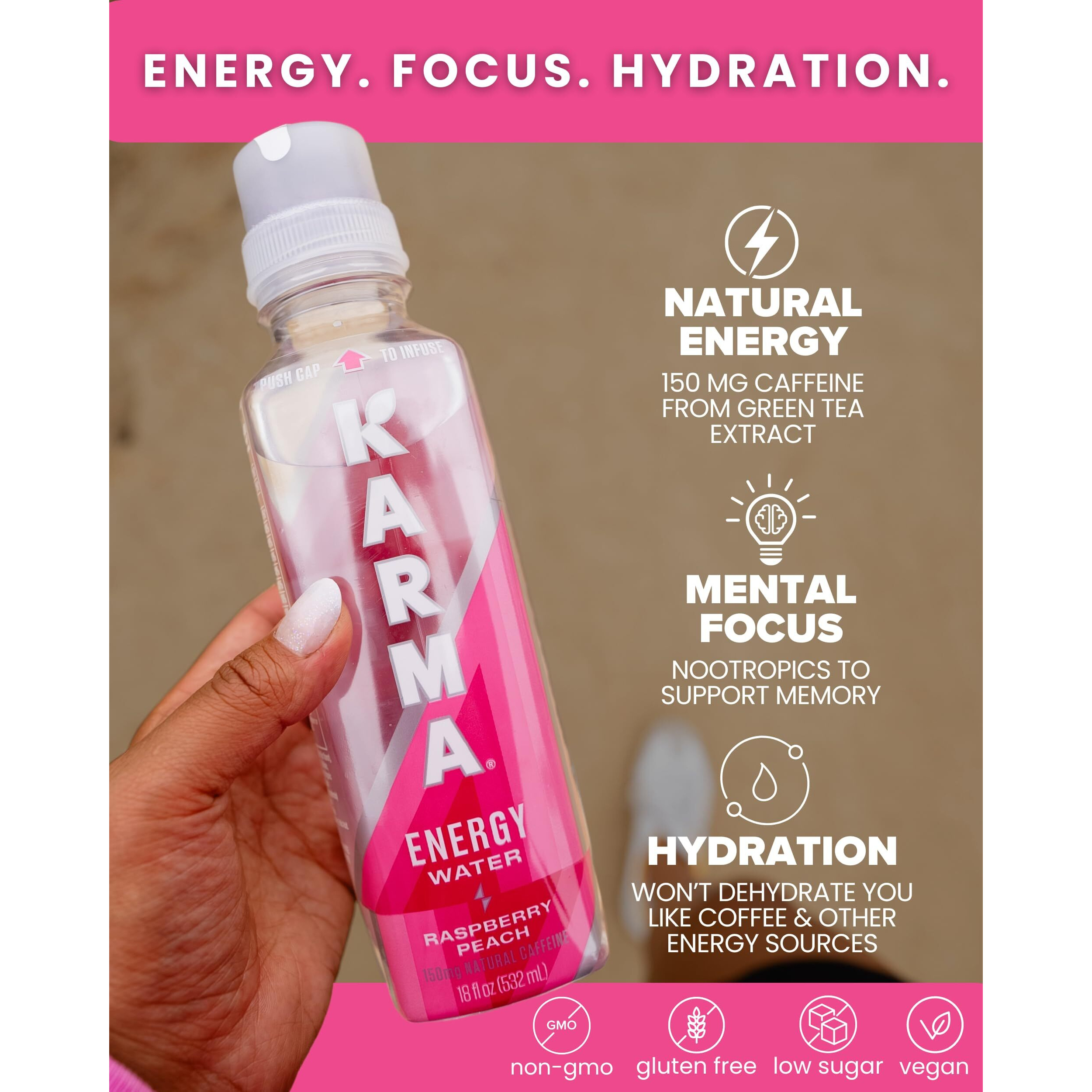 Karma Raspberry Peach Energy Water L Caffeinated Natural Energy Drink L Low Calorie Focus And Energy Boost, 18 Fl Oz (Pack Of 12)