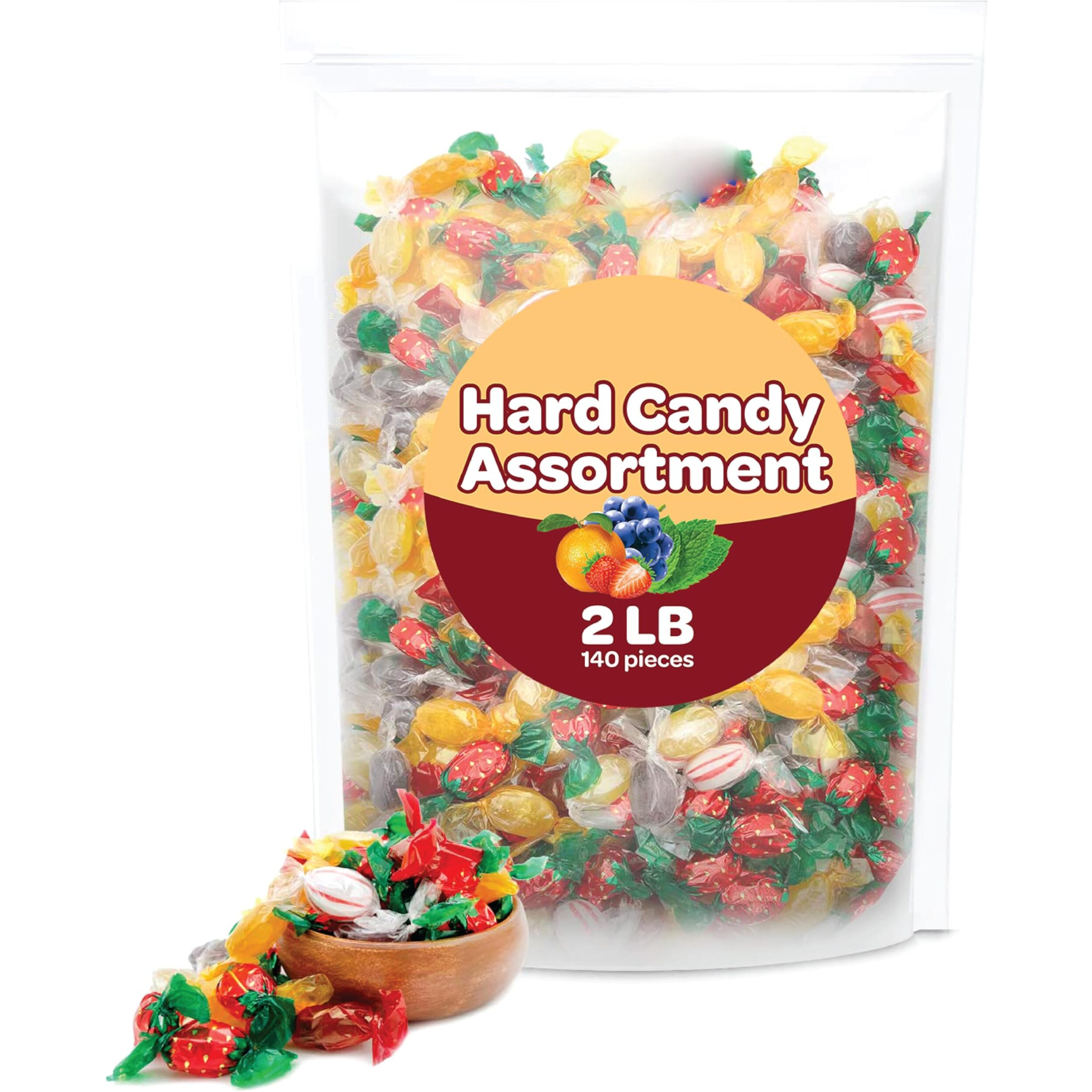 Old-School Hard Candy Assortment - Bulk Pack 2 Pounds - Cinnamon, Strawberry, Peppermint, Butterscotch, Fruit Flavors