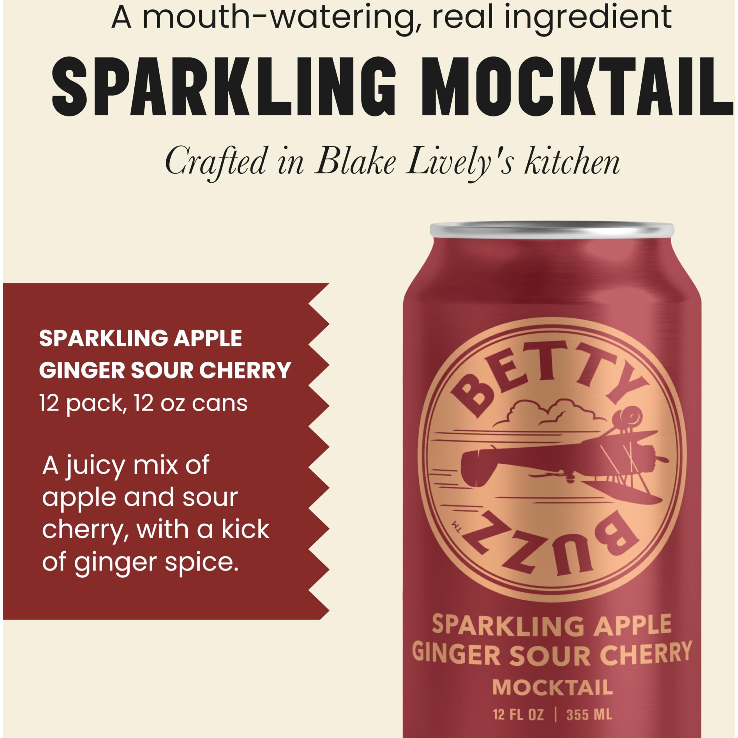 Betty Buzz Sparkling Apple Ginger Sour Cherry Mocktail By Blake Lively (12 Pack Cans) - Natural Flavors & Sweeteners, Only Clean Ingredients