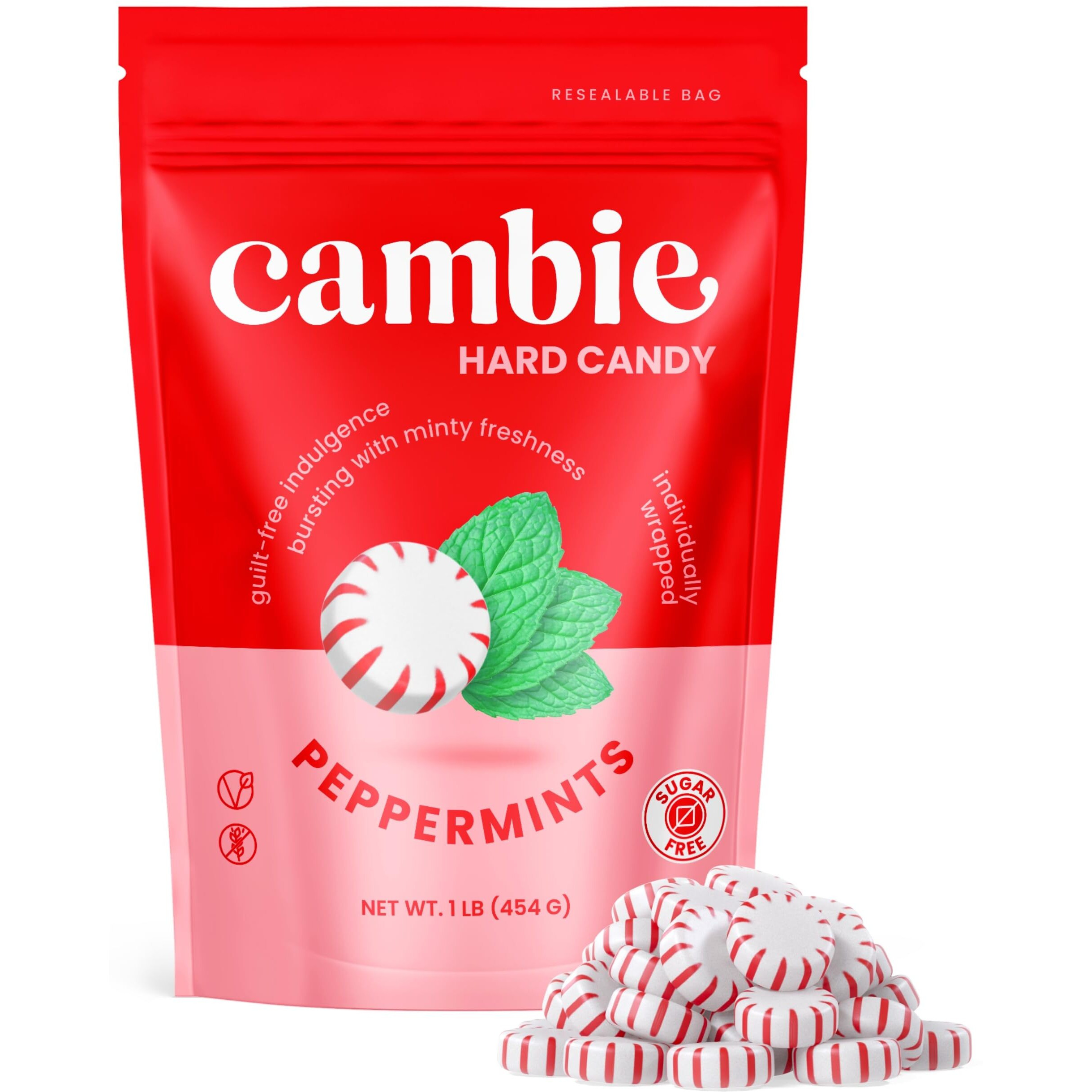Sugar Free Peppermint Starlights By Cambie | 1 Lb Of Peppermint Sugar Free Hard Candy | Individually Wrapped Mint Candy | Deliciously Sweet Mint Candy Packaged Fresh In A Resealable Pouch, 1 Lb