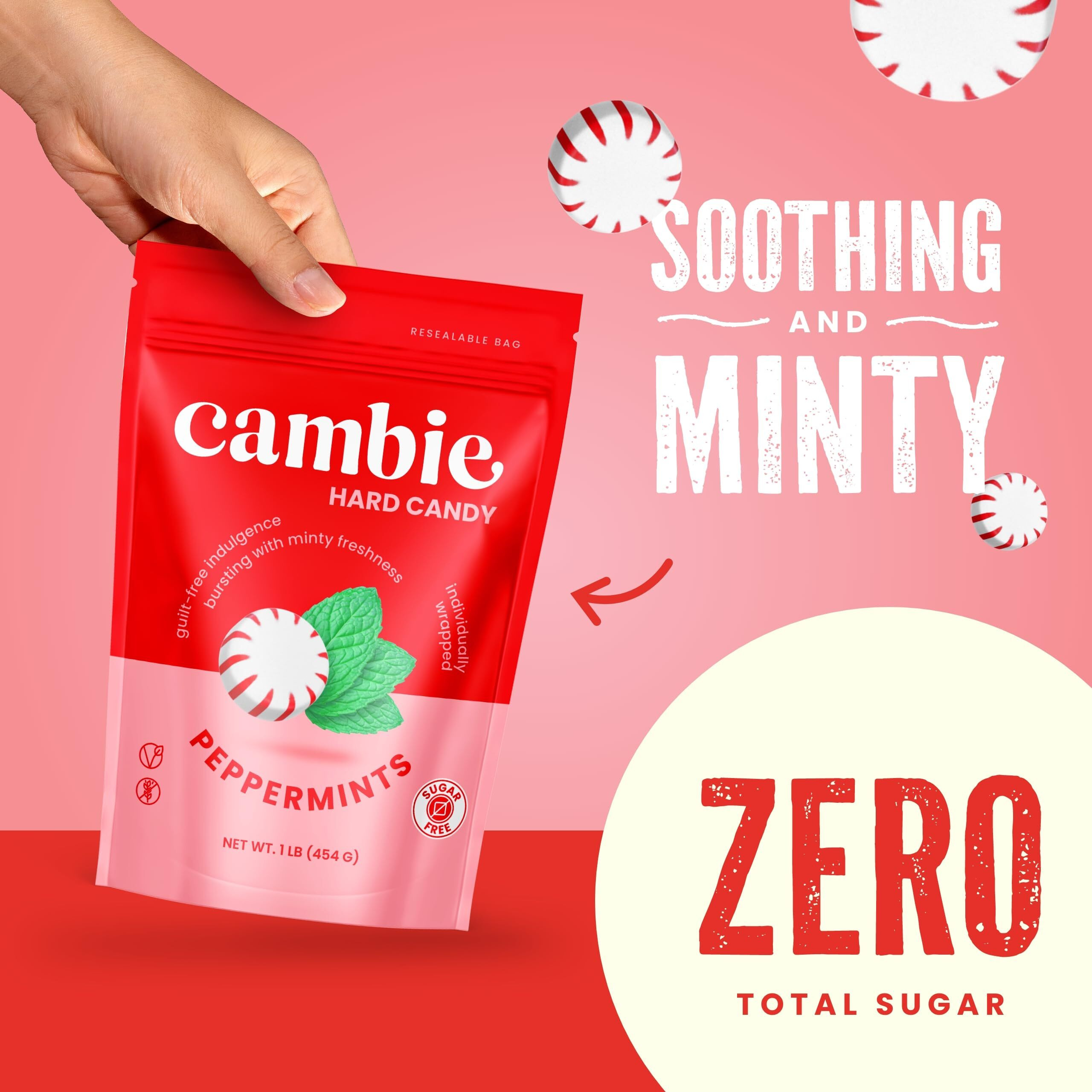Sugar Free Peppermint Starlights By Cambie | 1 Lb Of Peppermint Sugar Free Hard Candy | Individually Wrapped Mint Candy | Deliciously Sweet Mint Candy Packaged Fresh In A Resealable Pouch, 1 Lb