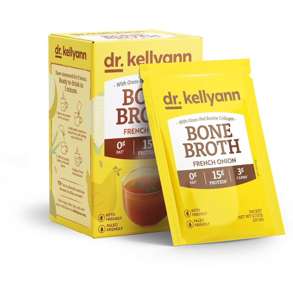 Dr. Kellyann French Onion Bone Broth Collagen Packets (7 Servings, 1 Box) - 16G Protein/Serving, 100% Grass-Fed Hydrolyzed Collagen, Keto & Paleo Friendly