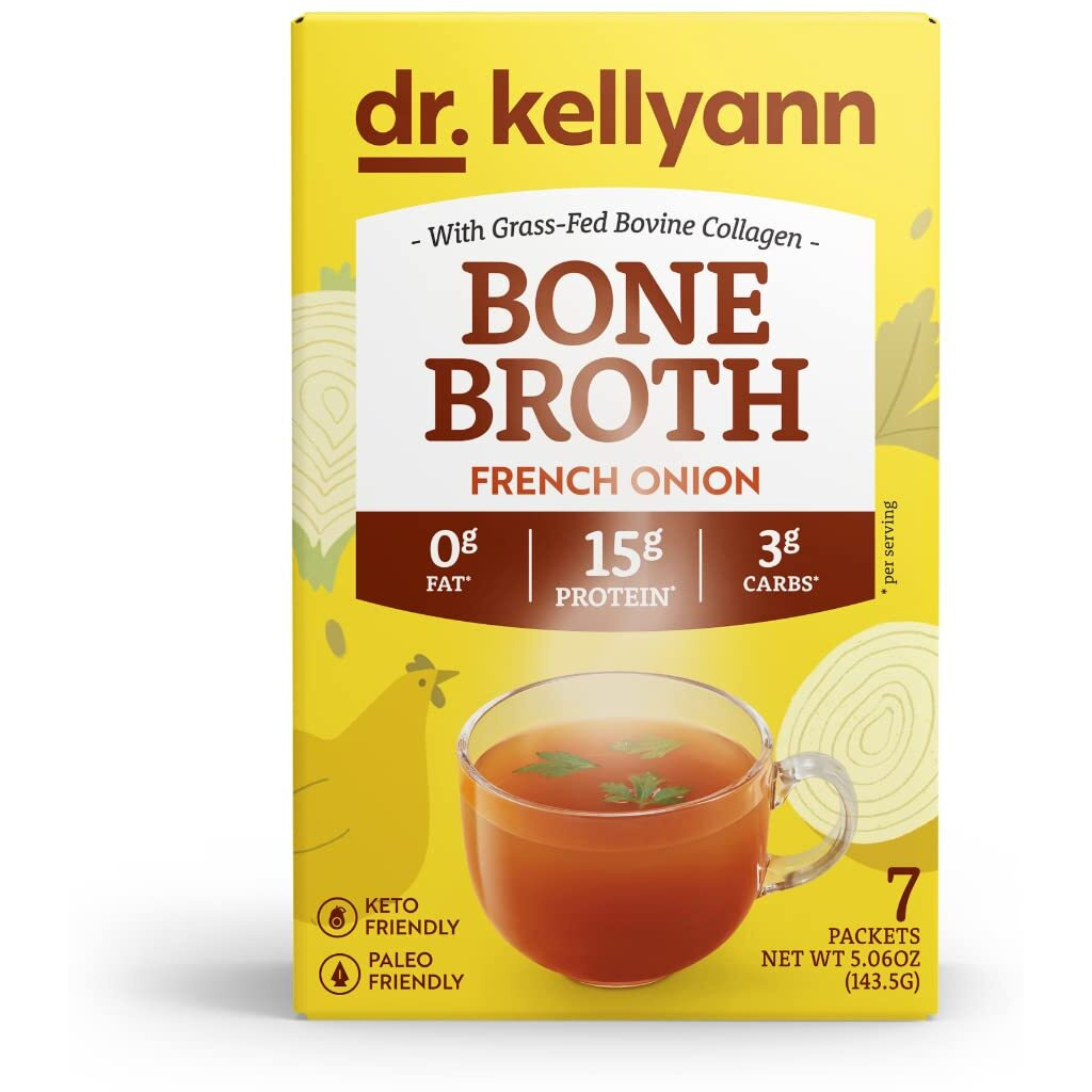 Dr. Kellyann French Onion Bone Broth Collagen Packets (7 Servings, 1 Box) - 16G Protein/Serving, 100% Grass-Fed Hydrolyzed Collagen, Keto & Paleo Friendly