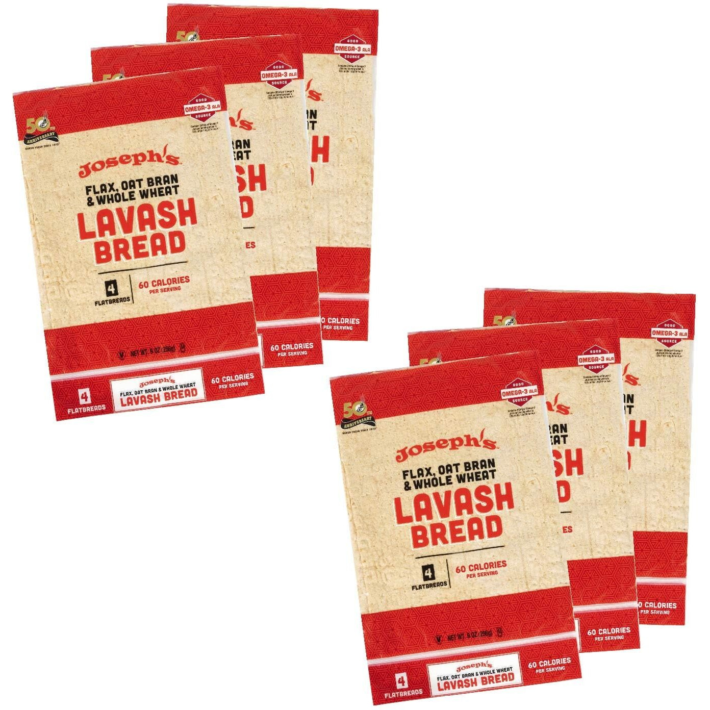 Joseph's Lavash Bread Value 6-Pack, Flax Oat Bran And Whole Wheat, Reduced Carb (4 Flatbreads Per Pack, 24 Total)