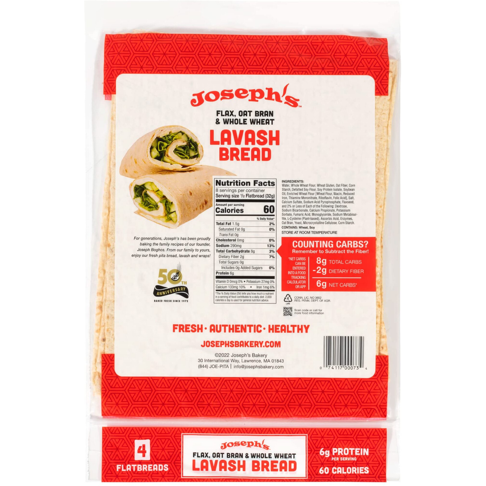 Joseph's Lavash Bread Value 6-Pack, Flax Oat Bran And Whole Wheat, Reduced Carb (4 Flatbreads Per Pack, 24 Total)