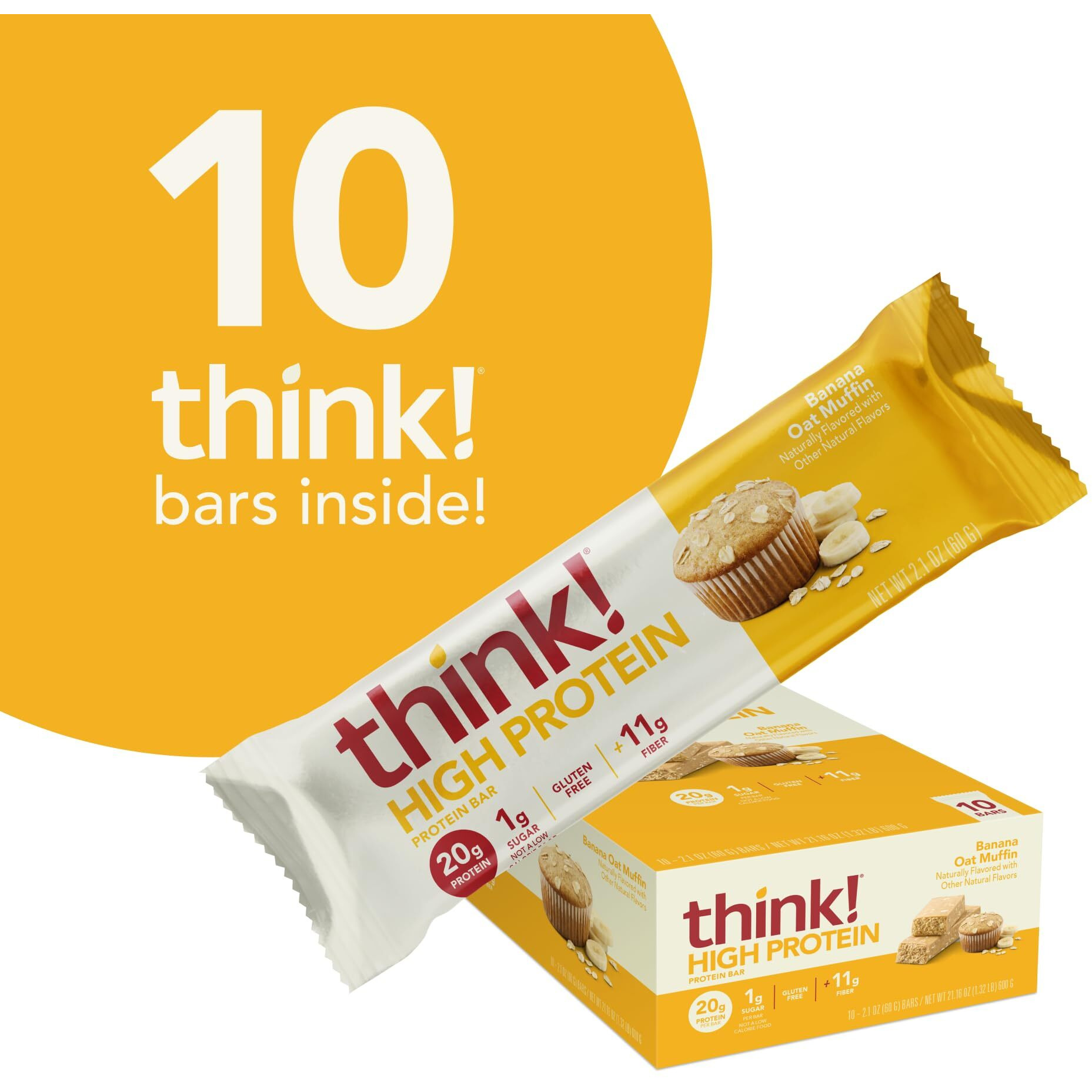 Think Protein Bars, High Protein Snacks, Gluten Free, Kosher Friendly, Banana Oat Muffin, 10 Count