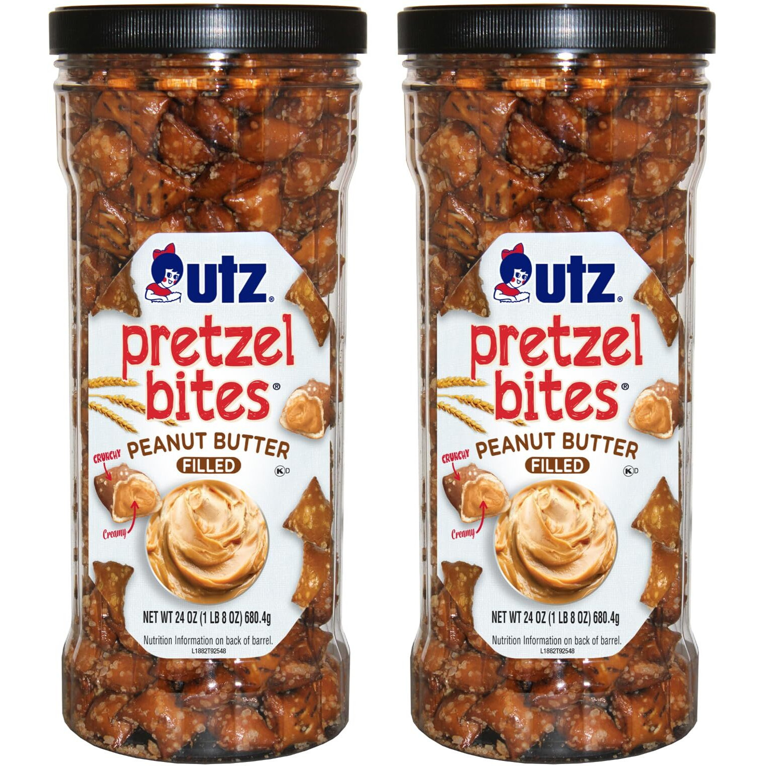 Utz Peanut Butter Pretzel Bites, 24 Oz Canister (2 Count) - Crunchy Pretzel Nuggets With Creamy Peanut Butter Center, Quick Snacks With No Cholesterol, No Trans Fats, Brown