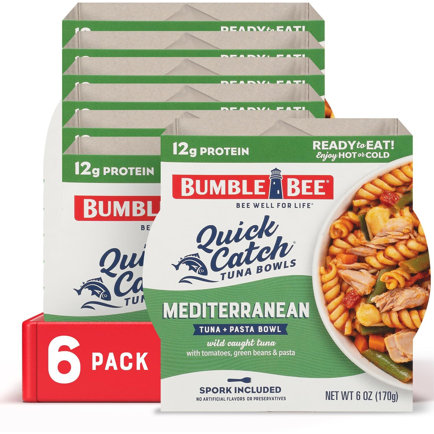 Bumble Bee Quick Catch Mediterranean Pasta, Wild Caught Tuna And Pasta Bowl, 6 Oz (Pack Of 6) - Ready To Enjoy, Spork Included - 14G Protein Per Serving - No Artificial Flavors - Good Source Of Fiber