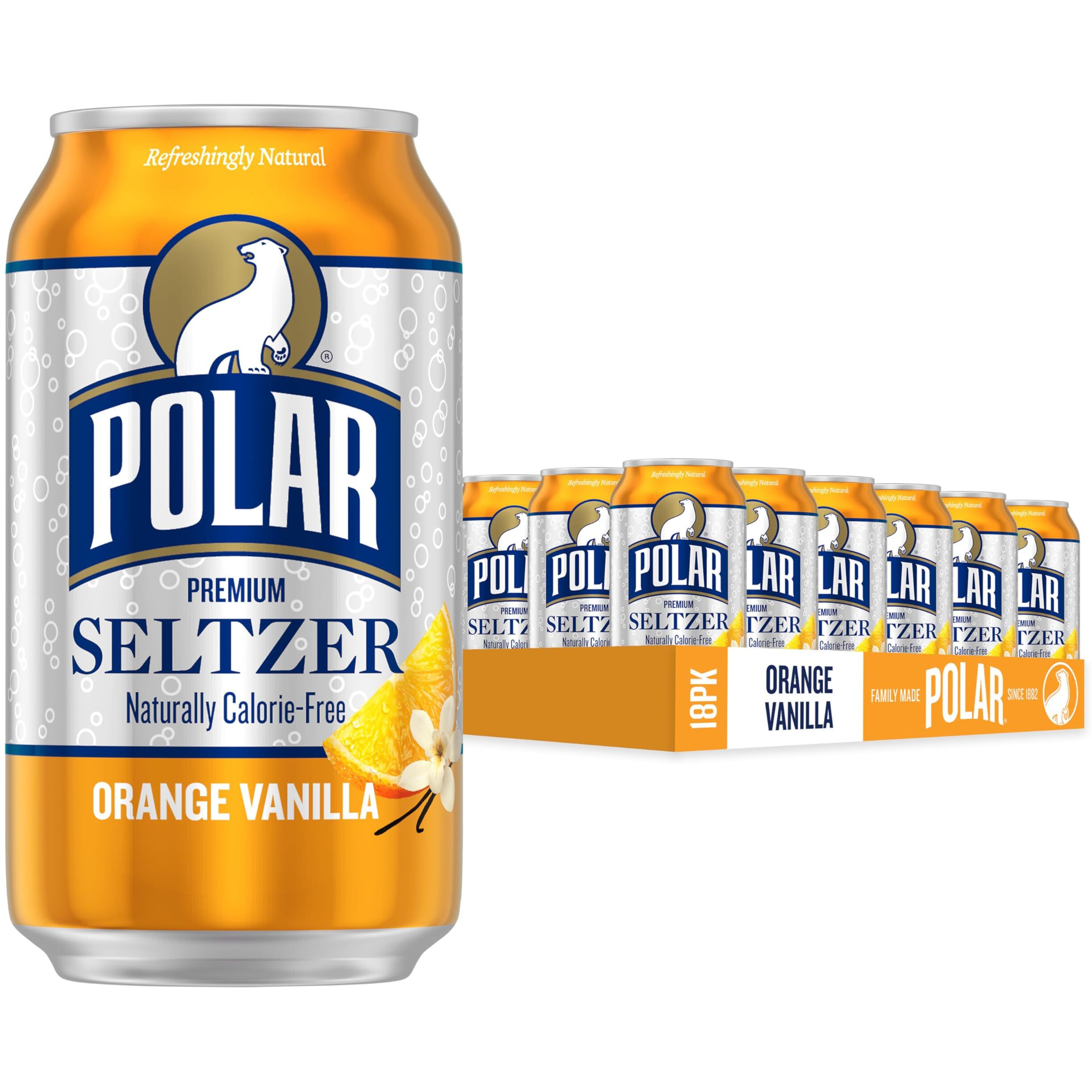 Polar Seltzer Water Orange Vanilla, 12 Fl Oz Cans, 18 Pack