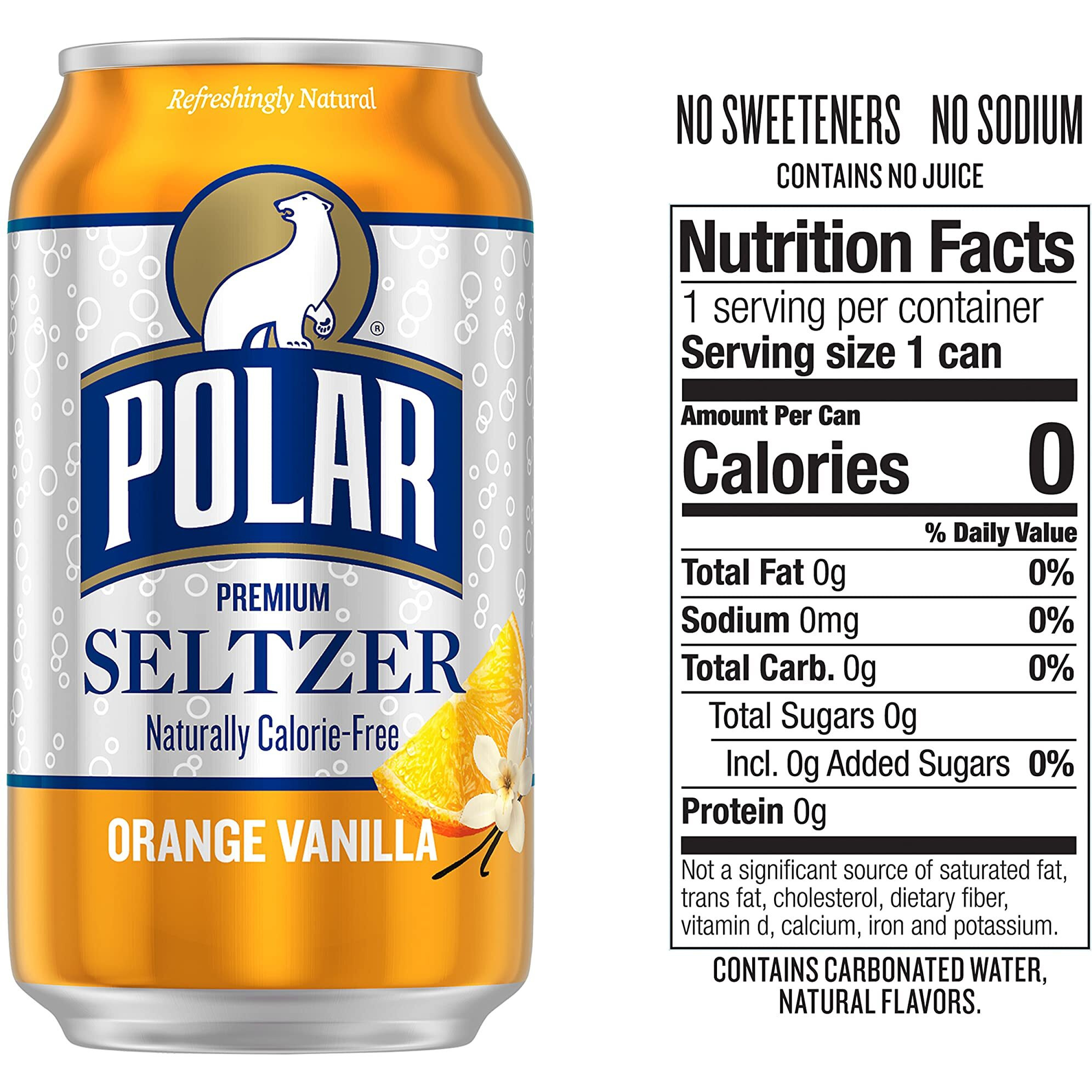 Polar Seltzer Water Orange Vanilla, 12 Fl Oz Cans, 18 Pack