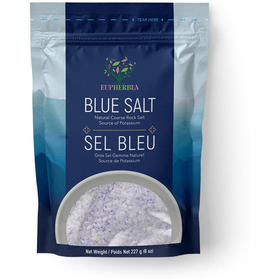 Eupherbia Blue Salt, Coarse, Rare Mineral Salt, High Potassium, Lower Sodium, Natural, Unprocessed, Hand Harvested, Kosher Certified, 227G (8 Oz)