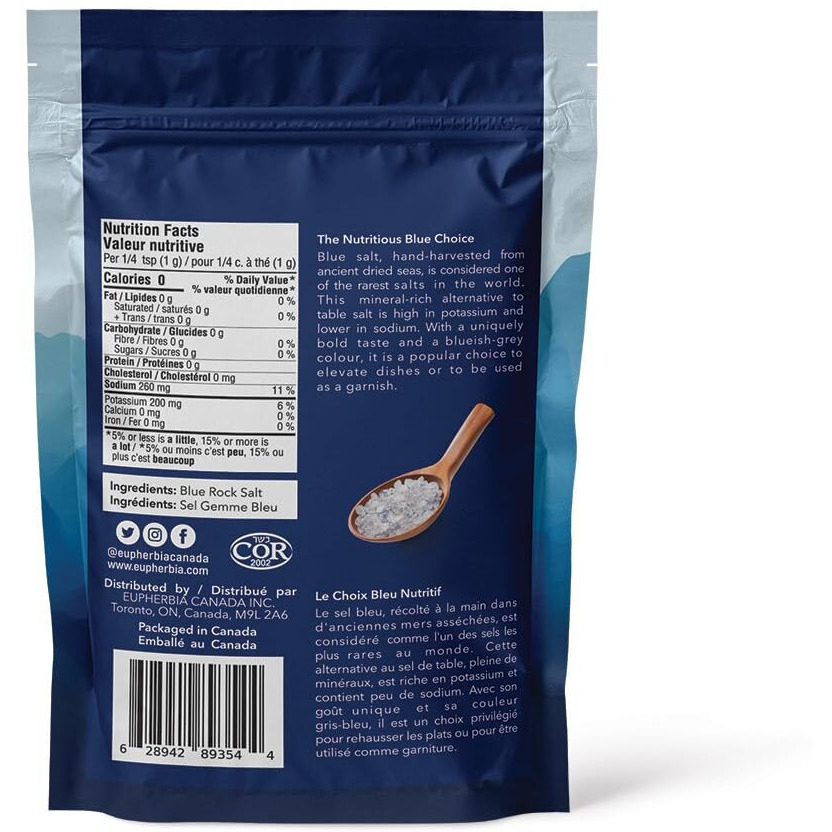 Eupherbia Blue Salt, Coarse, Rare Mineral Salt, High Potassium, Lower Sodium, Natural, Unprocessed, Hand Harvested, Kosher Certified, 227G (8 Oz)