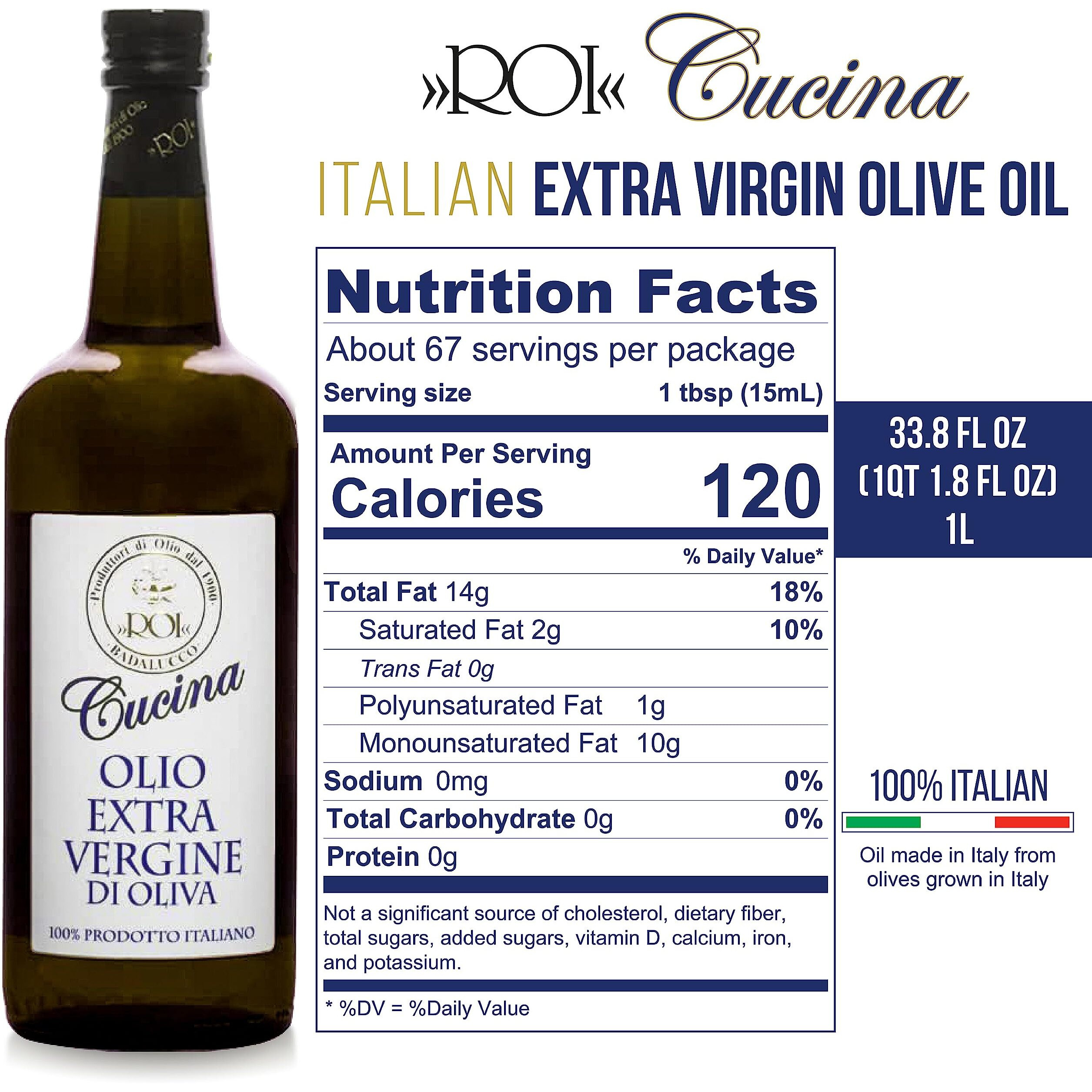 Roi Extra Virgin Olive Oil From Italy - Cucina Ligurian Olive Oil From Italy, First Cold Pressed, Pure, Polyphenol Rich Evoo, 34 Fl Oz (1 Liter), Pack Of 6