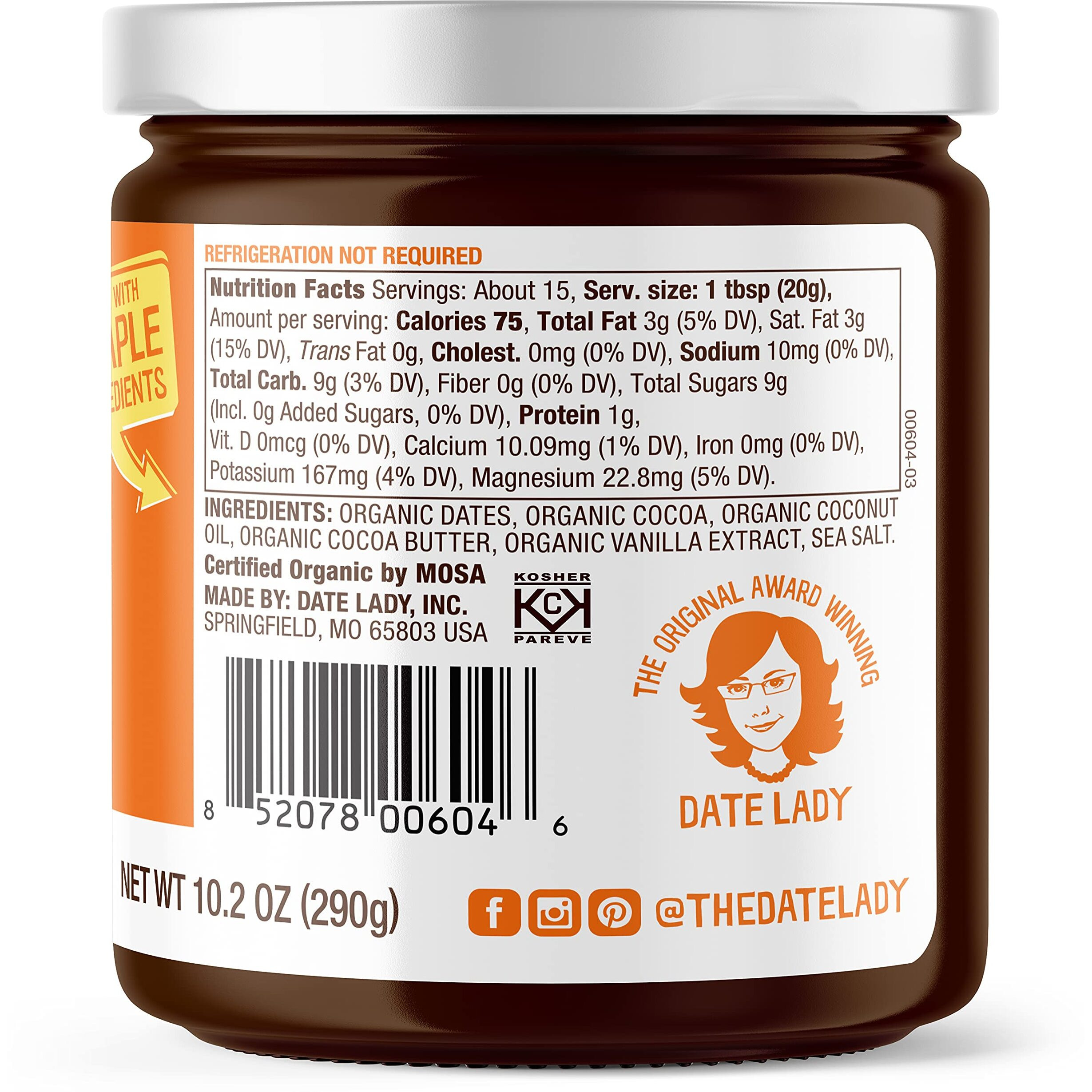 Organic Chocolate Date Spread | Vegan, Paleo, Gluten Free & Kosher, No Added Sugar, No Preservatives (1 Jar) Cocoa Spread Perfect For Dipping Fruit And Using As A Sauce On Ice Cream.