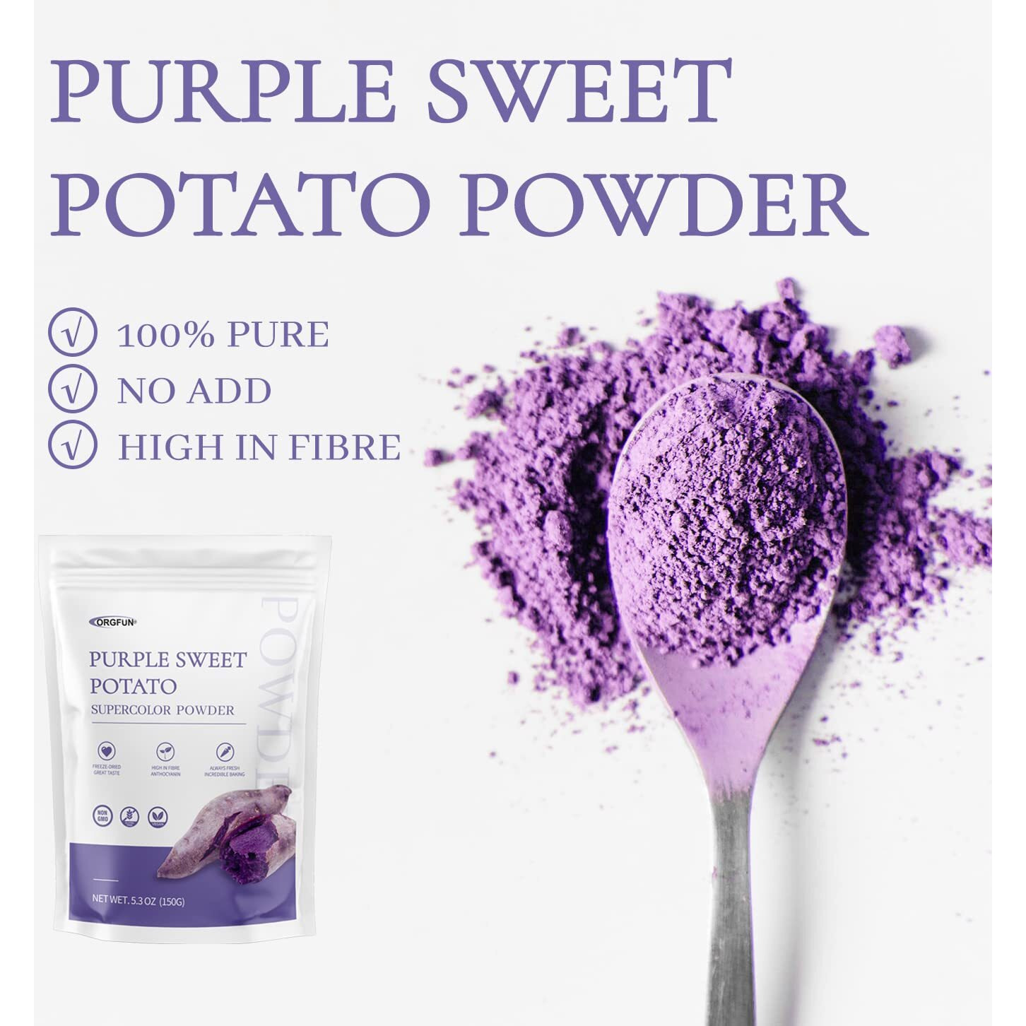 Orgfun Purple Sweet Potato Powder, 100% Natural Ube (Purple Yam) Powder, Locally Sourced, No Additives Gluten Free 5.3 Oz
