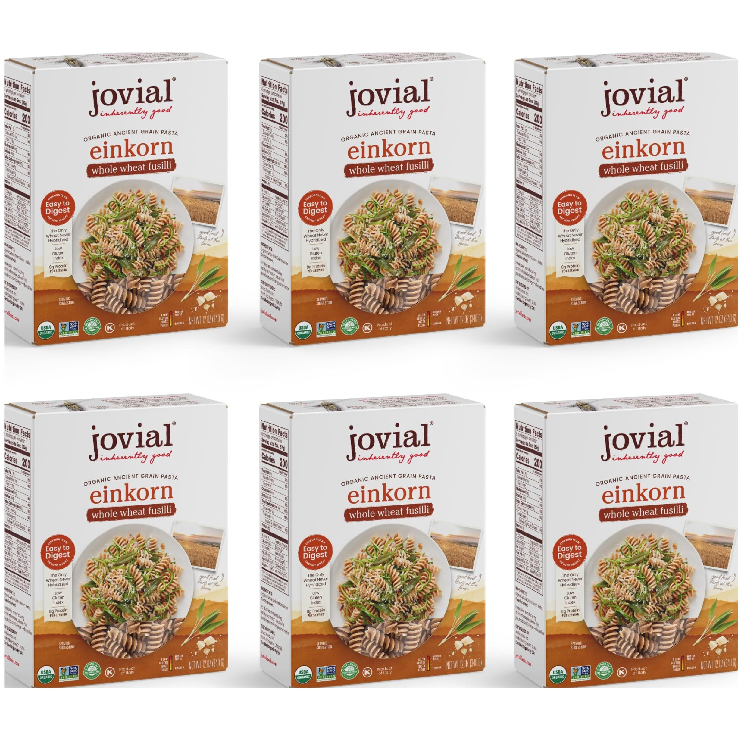 Jovial Einkorn 100% Organic Whole Grain Fusilli - Einkorn Pasta, High Protein, Non-Gmo, Usda Certified Organic, Lower Carb, Delicious Pasta Made In Italy - 12 Oz, 6 Pack