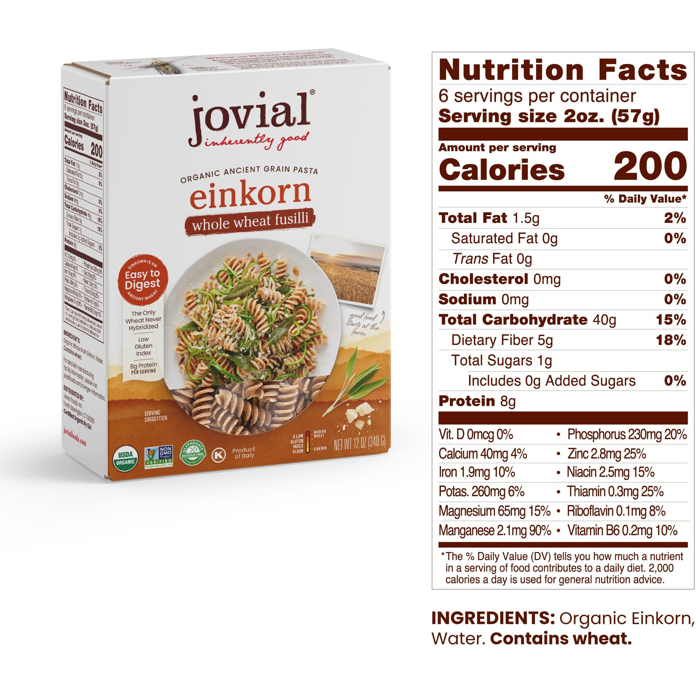 Jovial Einkorn 100% Organic Whole Grain Fusilli - Einkorn Pasta, High Protein, Non-Gmo, Usda Certified Organic, Lower Carb, Delicious Pasta Made In Italy - 12 Oz, 6 Pack
