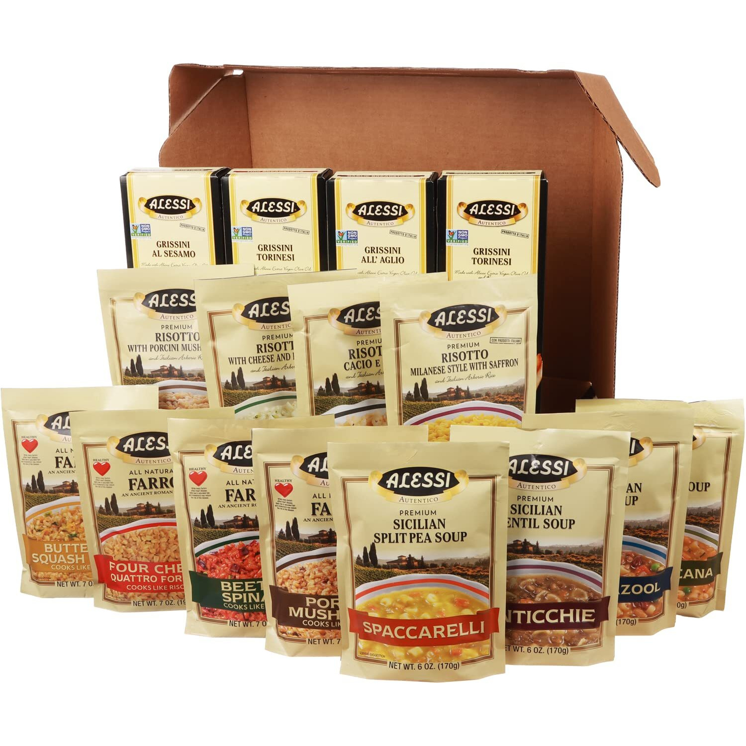Alessi Taste Of Italy Holiday Variety Gift Box, Sampler Of Culturally Inspired Soups, Risottos, Farros And Premium Bread Sticks