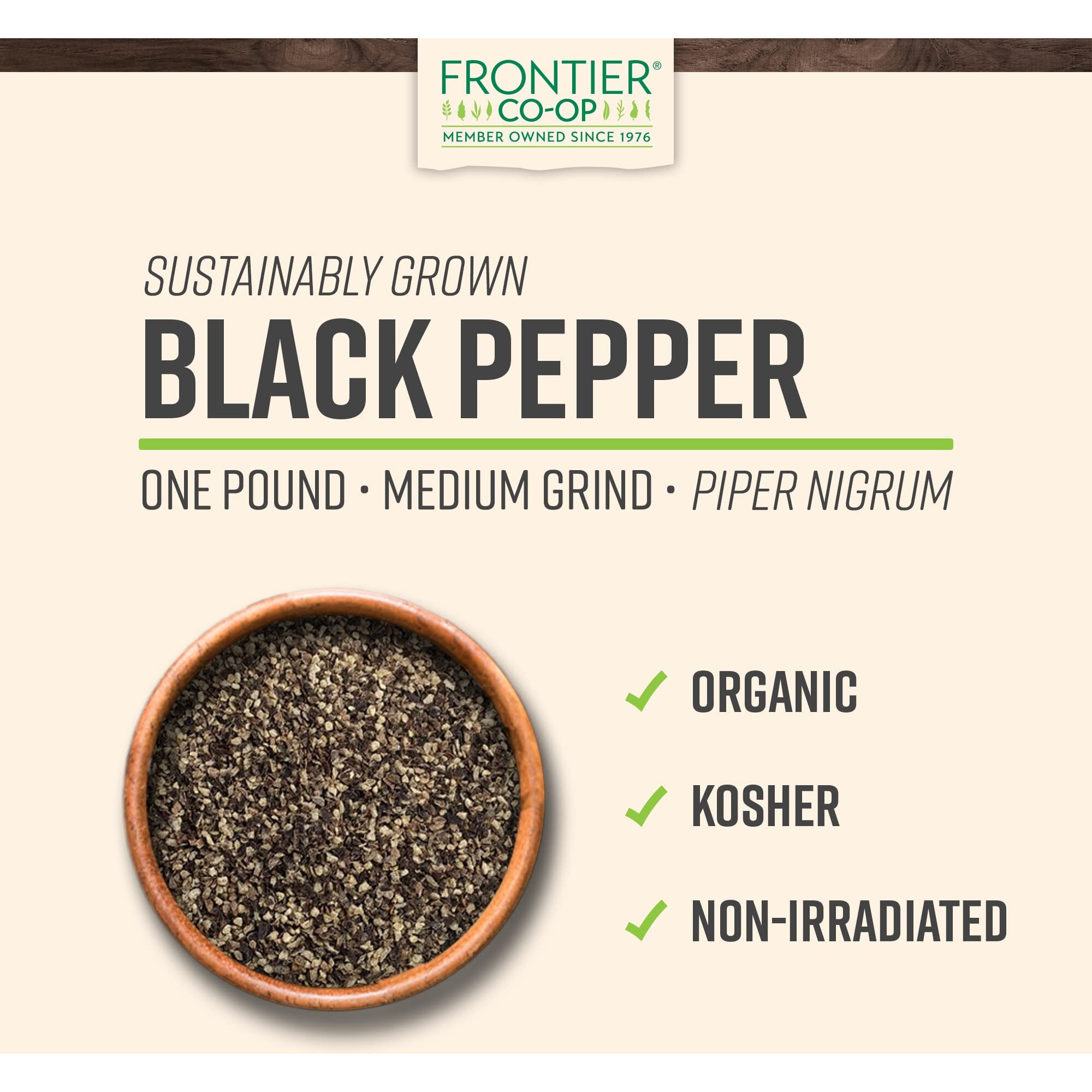 Frontier Co-Op Organic Medium Ground Black Pepper, 1-Pound Bulk Bag, Full-Bodied Flavor And Aroma, Kosher