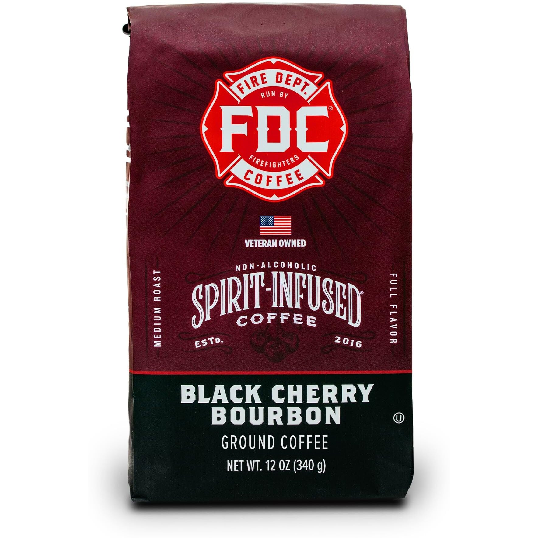 Fire Department Coffee - Black Cherry Bourbon Coffee - Gives Back To Firefighters - Premium Bourbon Infused Ground Coffee - Medium Roast - Non-Alcoholic - Roasted In The Usa - Veteran Owned - 12 Oz