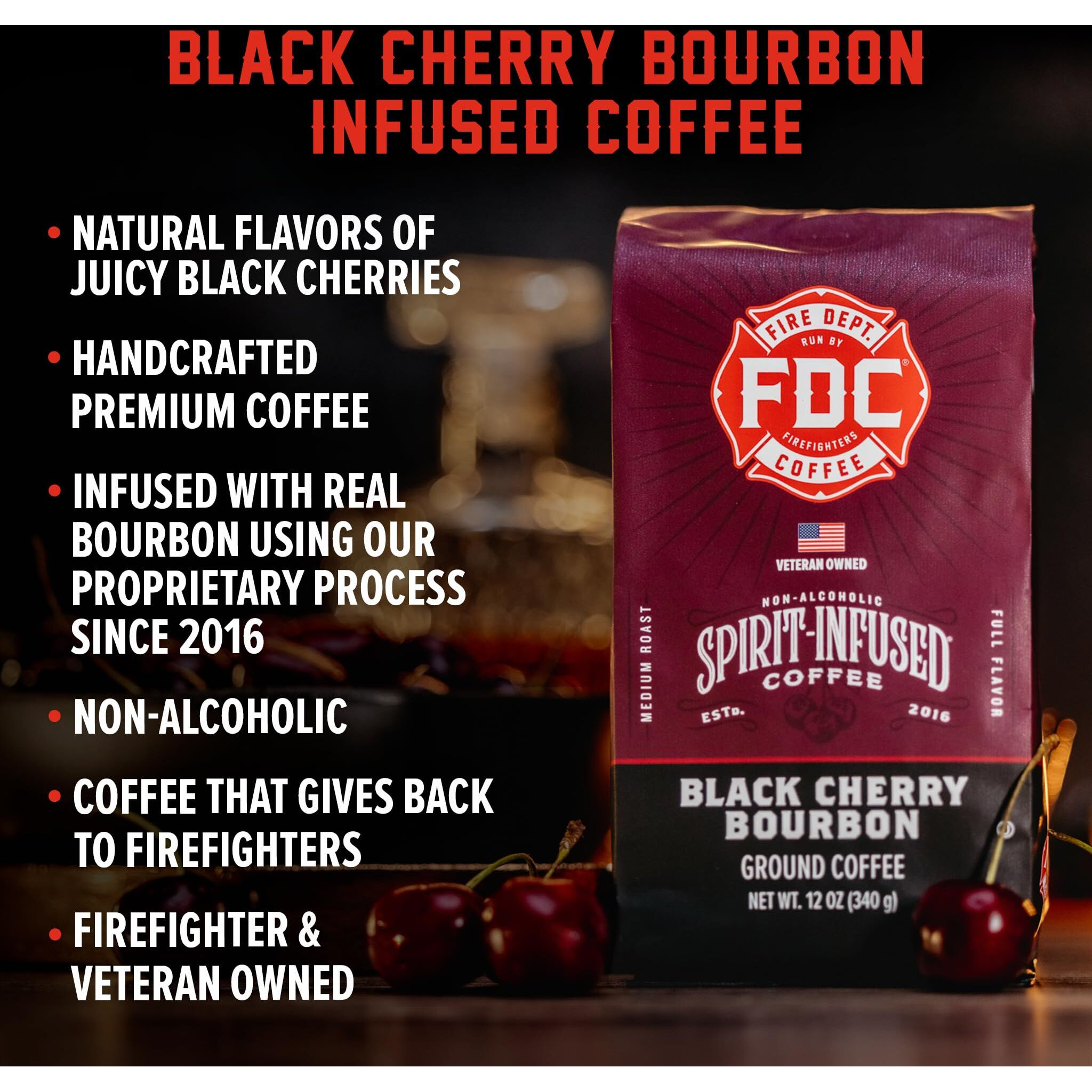 Fire Department Coffee - Black Cherry Bourbon Coffee - Gives Back To Firefighters - Premium Bourbon Infused Ground Coffee - Medium Roast - Non-Alcoholic - Roasted In The Usa - Veteran Owned - 12 Oz