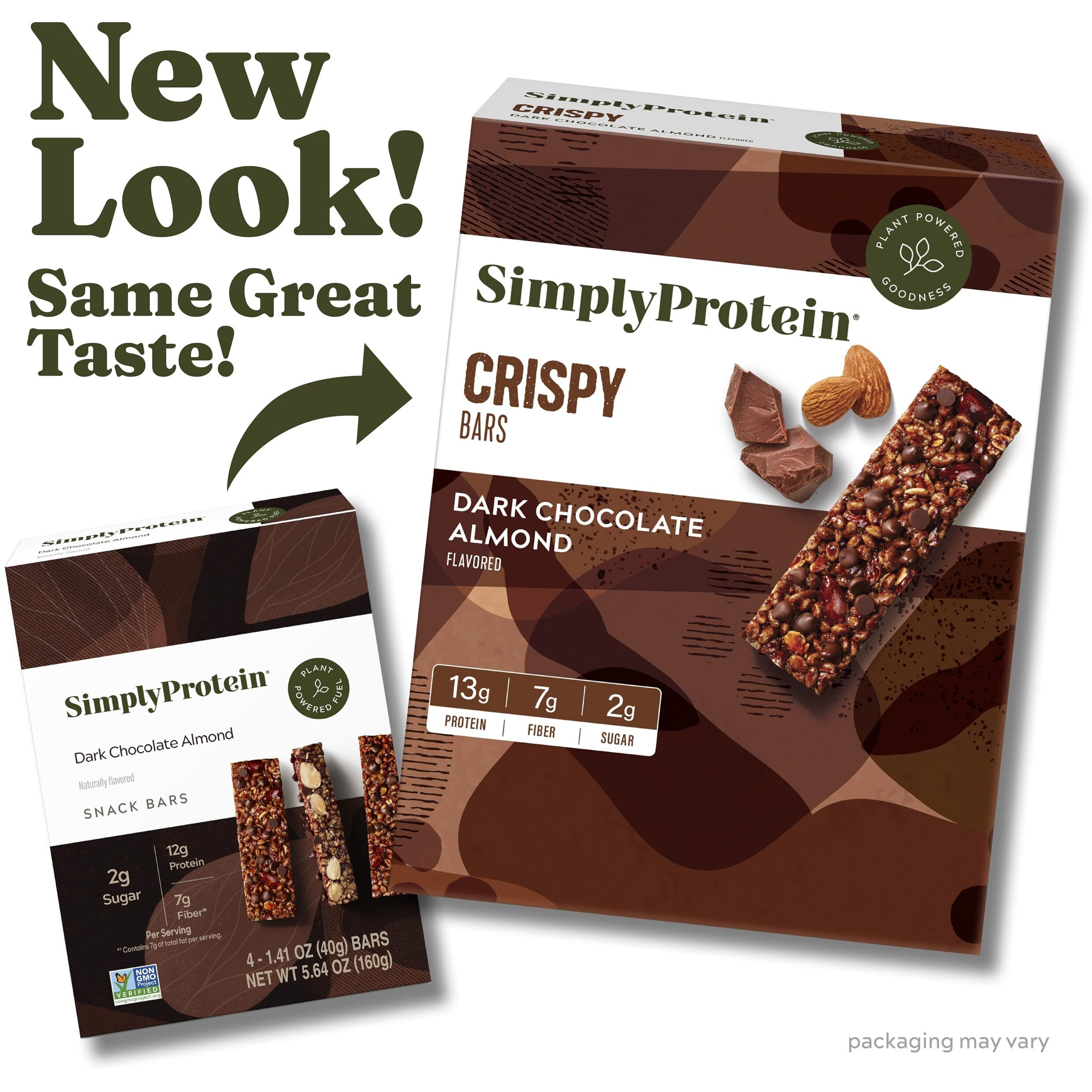 Simply Protein - Dark Chocolate Almond Crispy Bars - Plant Based Protein Bars - Low Carb, Low Sugar, High Fiber - 13G Protein, 2G Sugar, 7G Fiber - Vegan, Gluten Free, Non Gmo, Kosher - 24 Bars