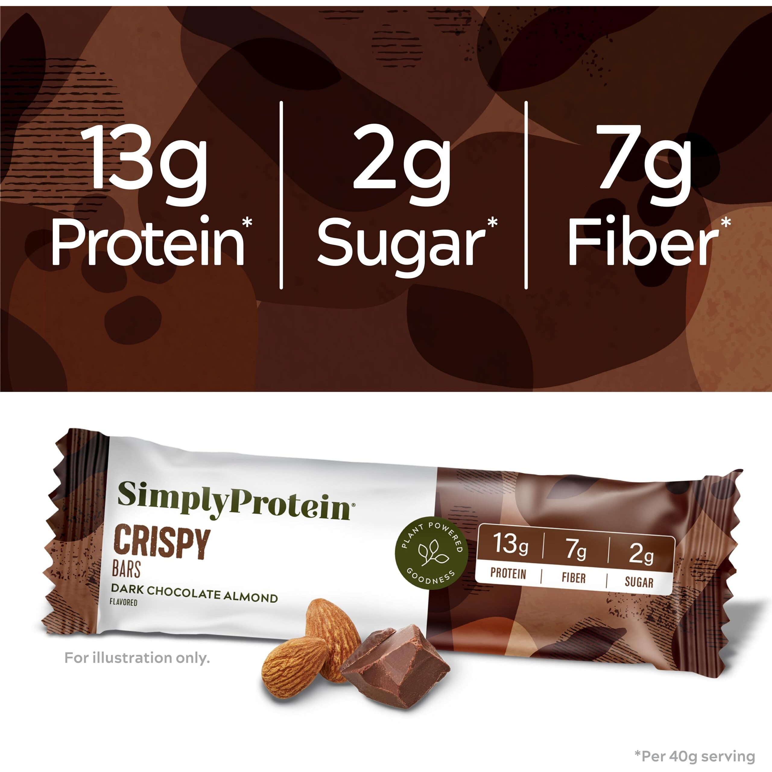 Simply Protein - Dark Chocolate Almond Crispy Bars - Plant Based Protein Bars - Low Carb, Low Sugar, High Fiber - 13G Protein, 2G Sugar, 7G Fiber - Vegan, Gluten Free, Non Gmo, Kosher - 24 Bars