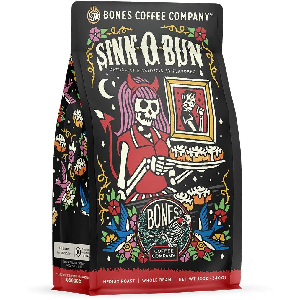 Bones Coffee Company Sinn 'O' Bun Whole Coffee Beans Cinnamon Roll Flavor, Low Acid Flavored Coffee, Made With Arabica Coffee Beans, Medium Roast Gourmet Coffee, Coffee Lover Gift Ideas (12 Oz)