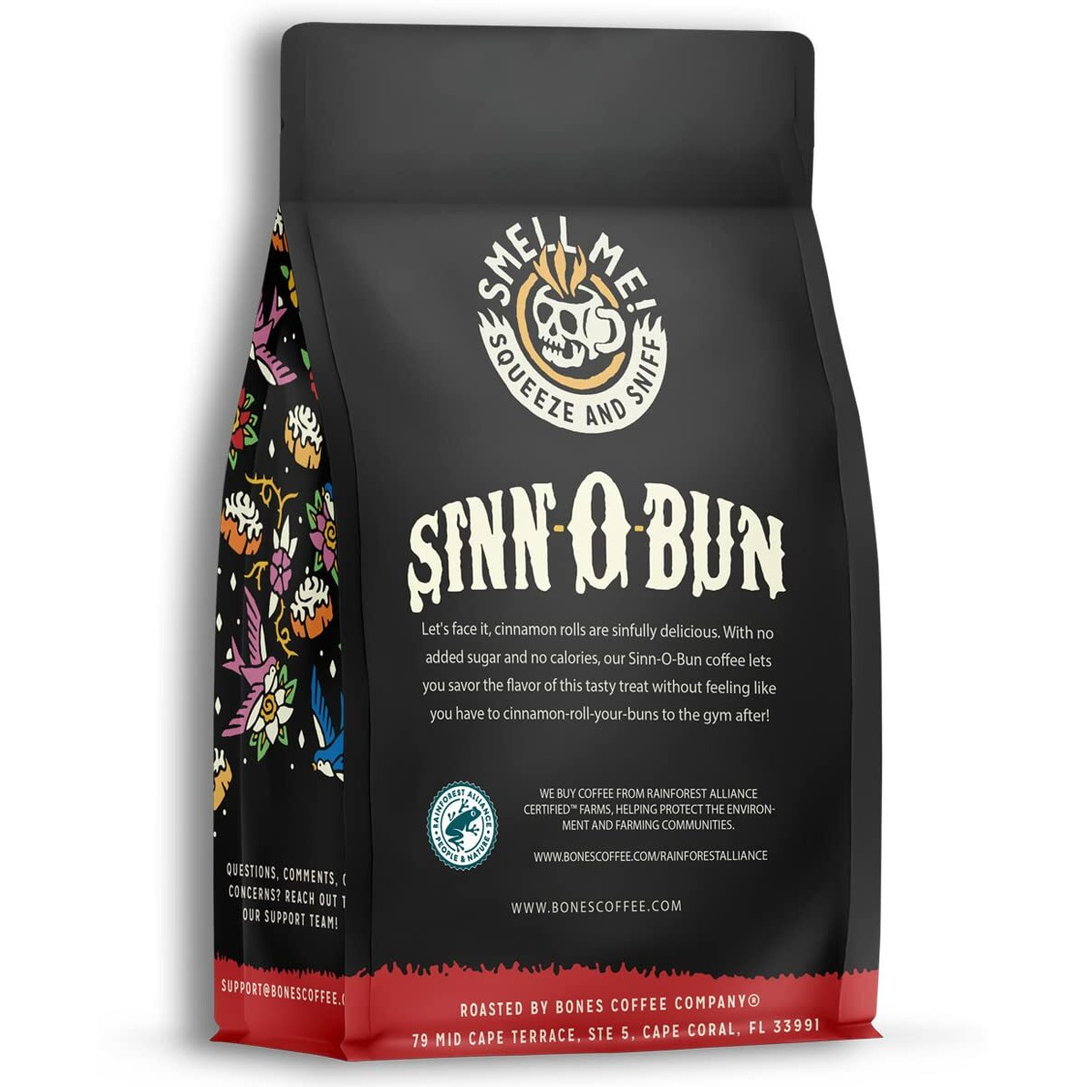 Bones Coffee Company Sinn 'O' Bun Whole Coffee Beans Cinnamon Roll Flavor, Low Acid Flavored Coffee, Made With Arabica Coffee Beans, Medium Roast Gourmet Coffee, Coffee Lover Gift Ideas (12 Oz)