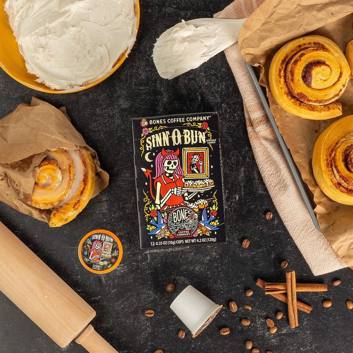 Bones Coffee Company Sinn 'O' Bun Whole Coffee Beans Cinnamon Roll Flavor, Low Acid Flavored Coffee, Made With Arabica Coffee Beans, Medium Roast Gourmet Coffee, Coffee Lover Gift Ideas (12 Oz)