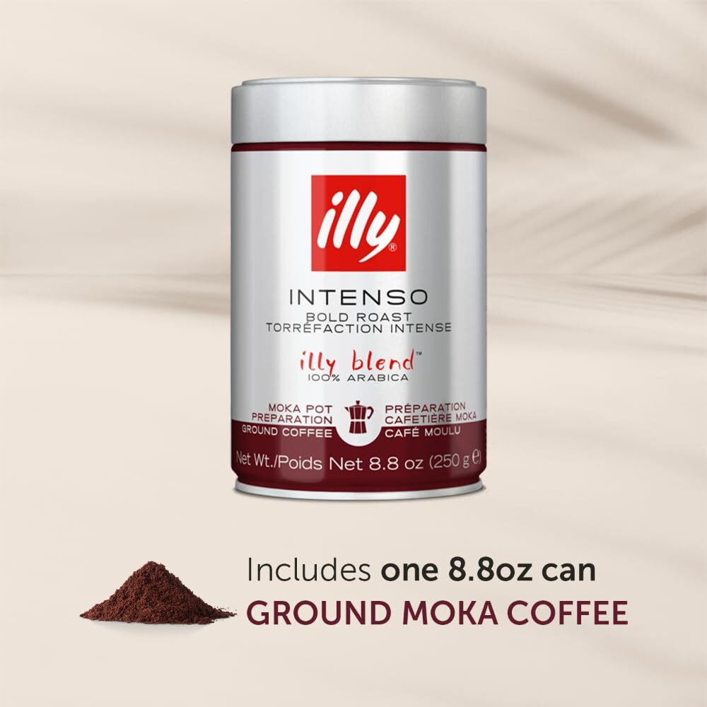 Illy Ground Coffee Moka - 100% Arabica Flavored Coffee Ground - Rich Aromatic Coffee Grounds Profile - Intenso Dark Roast - Warm Notes Of Cocoa & Dried Fruit - No Preservatives - 8.8 Ounce