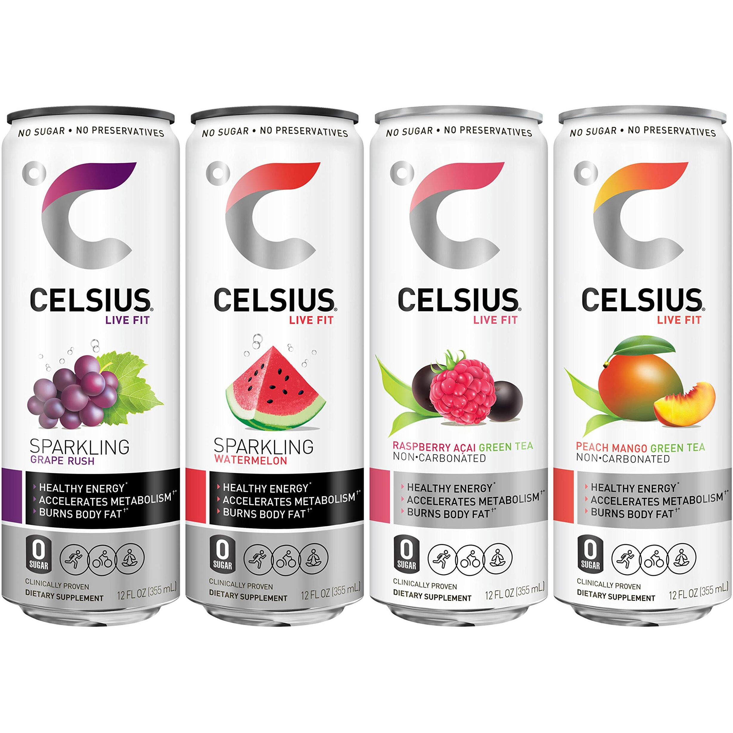 Celsius Fitness Drink 4-Flavor Variety Pack, Zero Sugar, 12Oz. Slim Can, 12 Pack