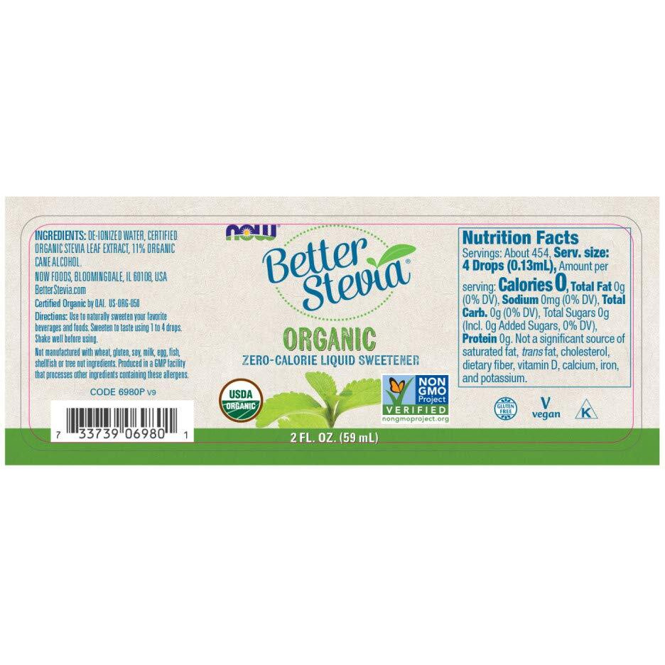 Now Foods, Certified Organic Betterstevia Liquid, Zero-Calorie Liquid Sweetener, Low Glycemic Impact, Certified Non-Gmo, 2-Ounce