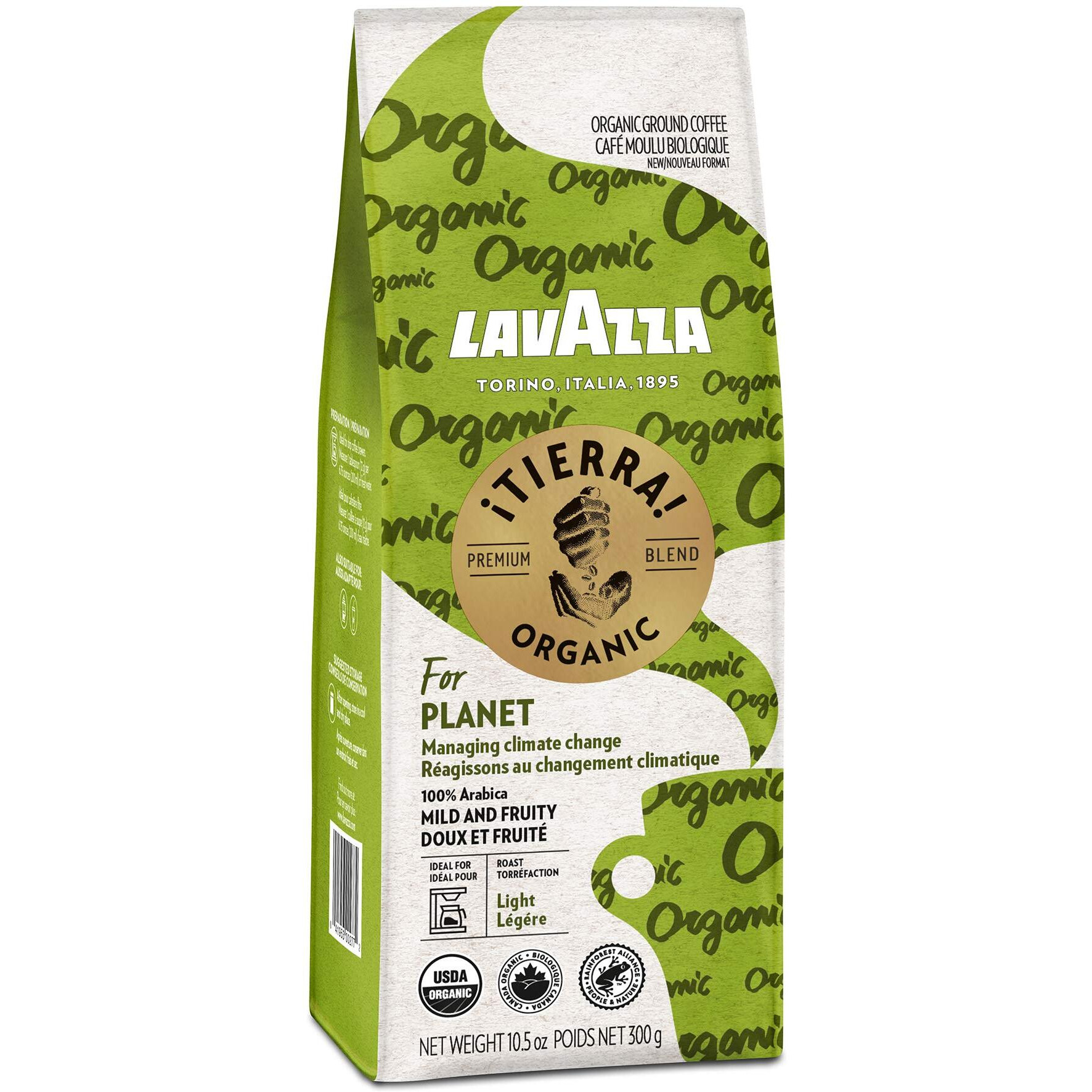 Lavazza Tierra Organic Planet Ground Coffee Light Roast, 10.5 Oz (Pack Of 6) Authentic Italian, Value Pack, Blended And Roated In Italy, 100% Usda Organic Arabica Coffees