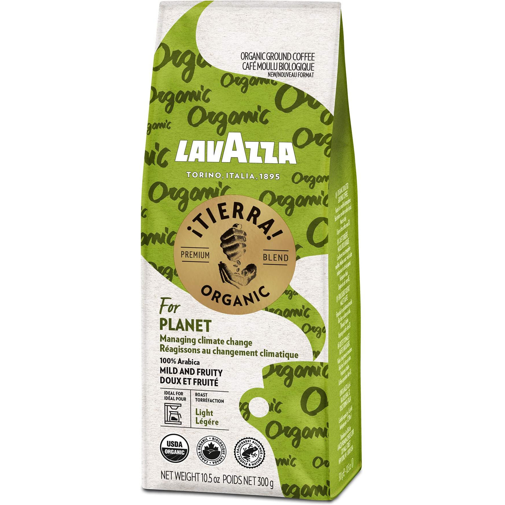 Lavazza Tierra Organic Planet Ground Coffee Light Roast, 10.5 Oz (Pack Of 6) Authentic Italian, Value Pack, Blended And Roated In Italy, 100% Usda Organic Arabica Coffees