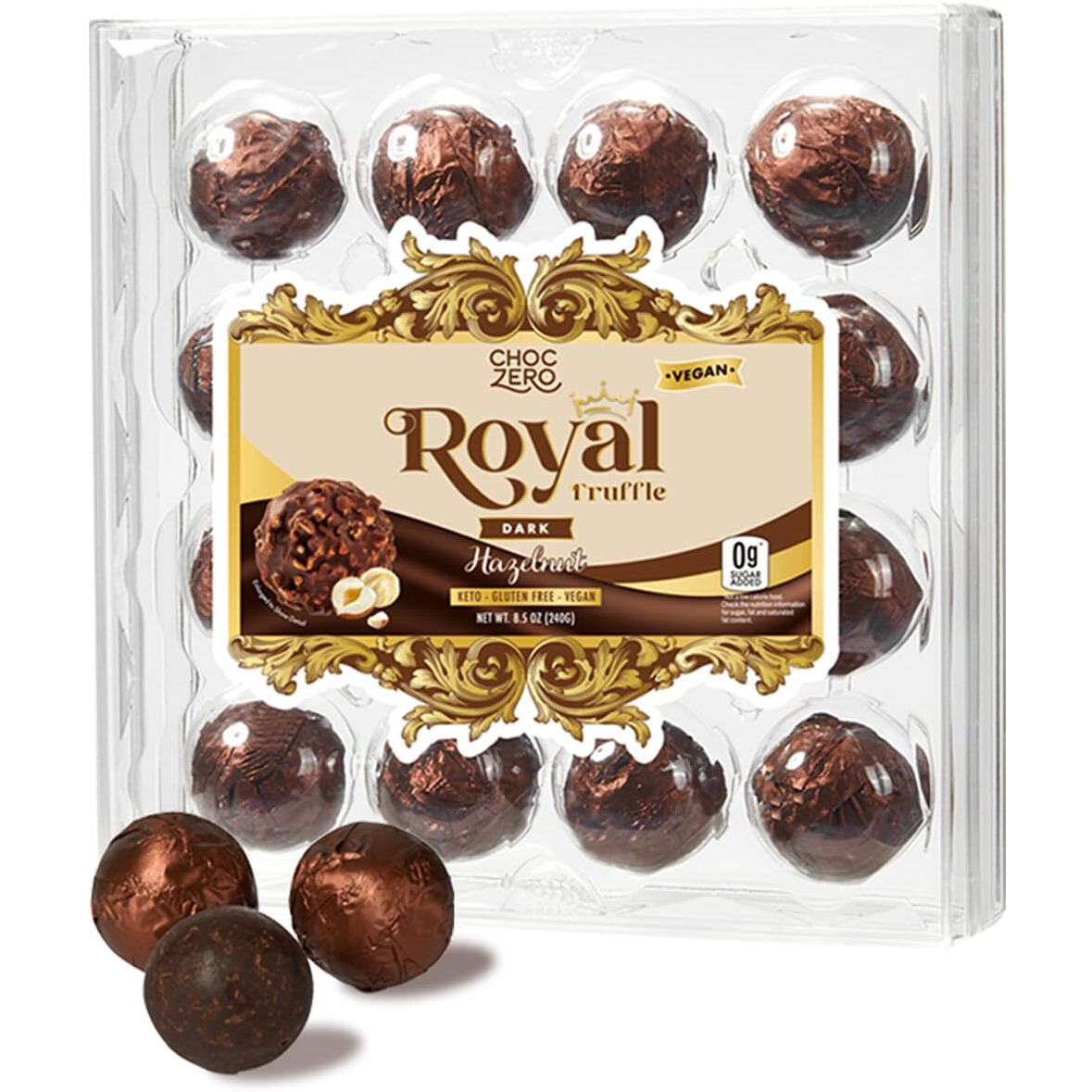 Choczero Vegan Truffle - Dark Chocolate Hazelnut Royal Truffles - Dairy Free, Keto Friendly Gift (1 Box, 8.5Oz)