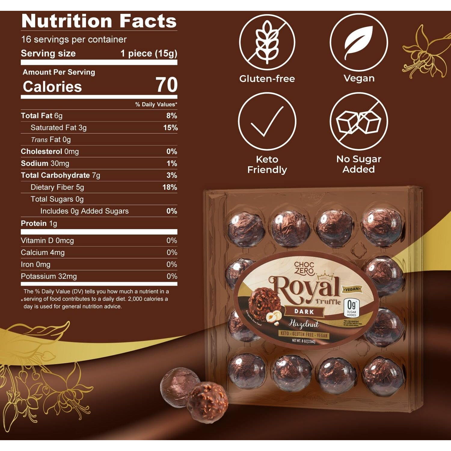 Choczero Vegan Truffle - Dark Chocolate Hazelnut Royal Truffles - Dairy Free, Keto Friendly Gift (1 Box, 8.5Oz)